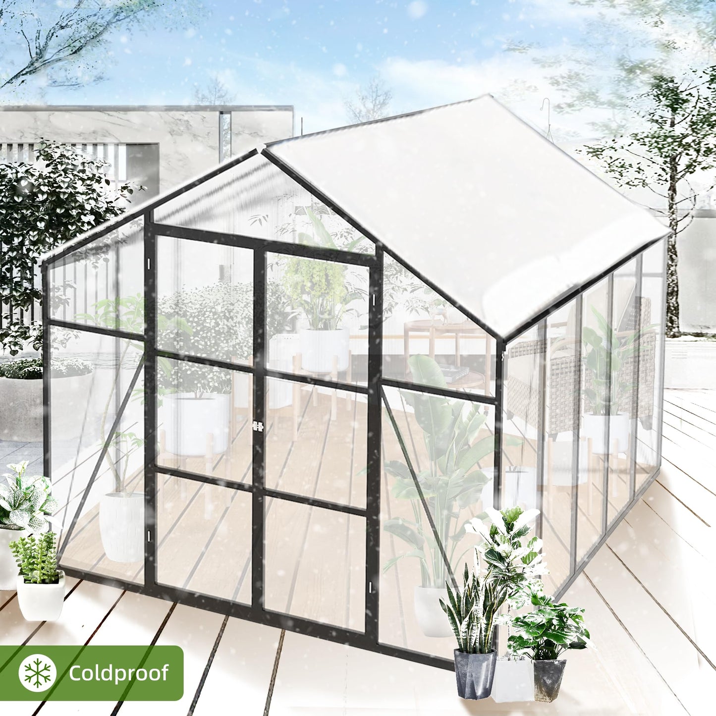 YOPTO 8x10 FT Greenhouses for Outdoor,Heavy Duty Polycarbonate Greenhouse,Large Walk-in Garden Green House with Raised Base,Double Doors and Two Ventilation Windows for Outside, Backyard,Black