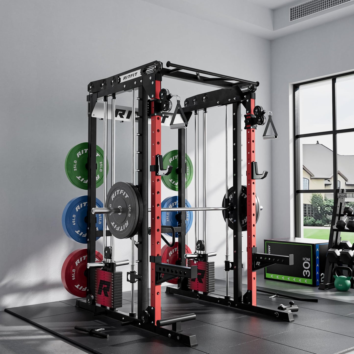 RitFit M2 Smith Machine with Cable Crossover System, 3D Functional Trainer & Power Cage, 16 Adjustment Holes, 6 Storage Pegs for Full-Body Home Gym(M2 PRO-3D Red with BP230)