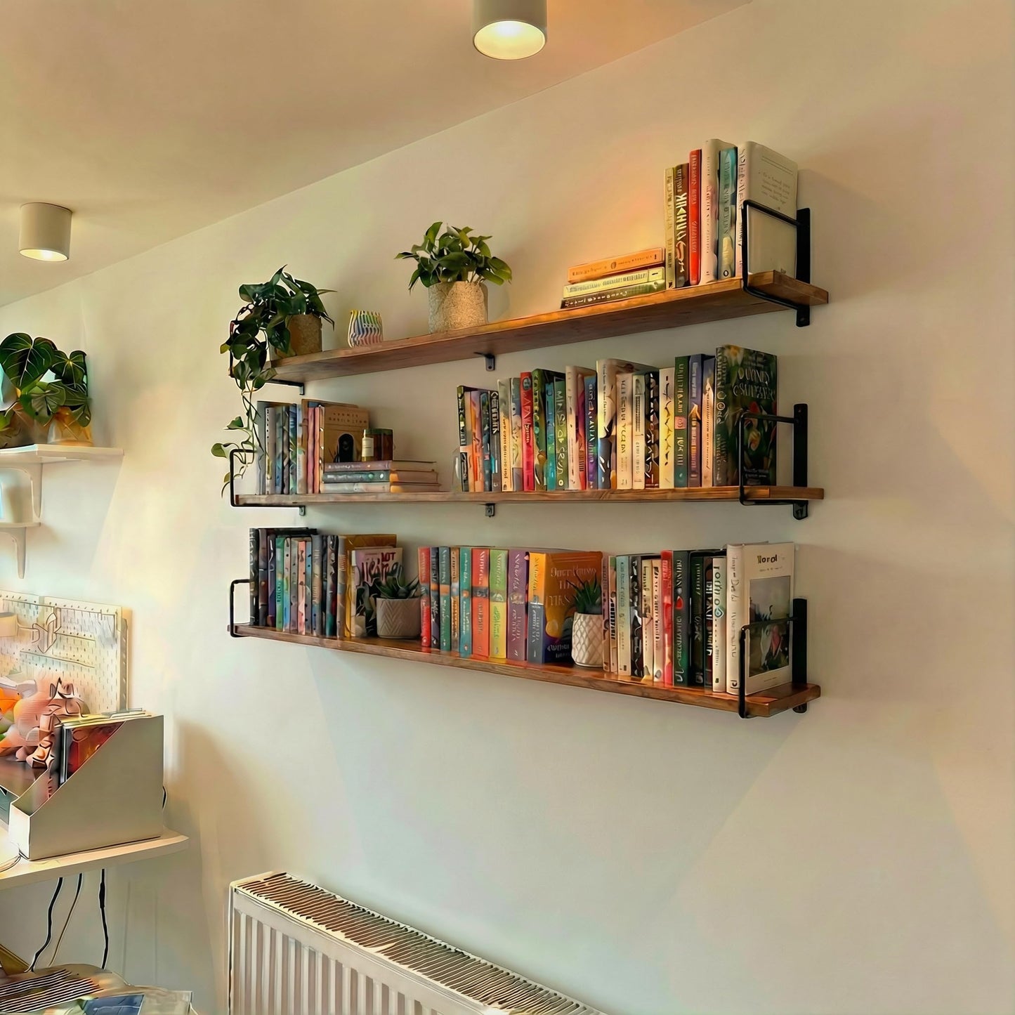 Teneyu Solid Wood Floating Shelves for Wall with Metal Brackets,3 Tier Pinewood Wall Shelf,Suitable for Multiple Places Such As Bedrooms,Kitchens,and Living Rooms(Walnut Finish)