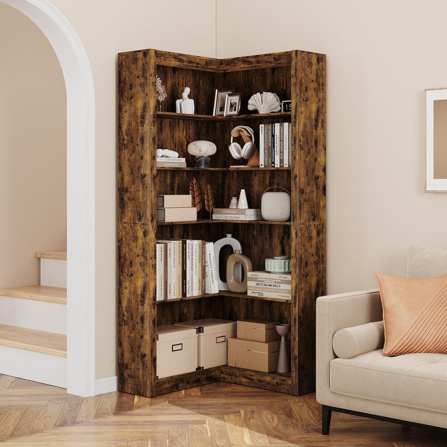 Garvee Retro Corner Bookshelf 71.8 in l-Shaped Bookshelf, Large Corner Bookcase with Anti-Tipping Kit, 5 Tier l Shape Display Shelf for Living Room Home Office