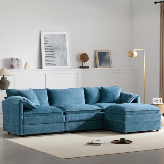 Merax Modern L Shaped Cloud Couch Set with Double Cushions, 4 Seat Sectional Sofa Sleeper Bed with Movable Ottoman & 2 Pillows, 103" Chenille Modular Sectional Sofa with Deep and Wide Seat, Blue
