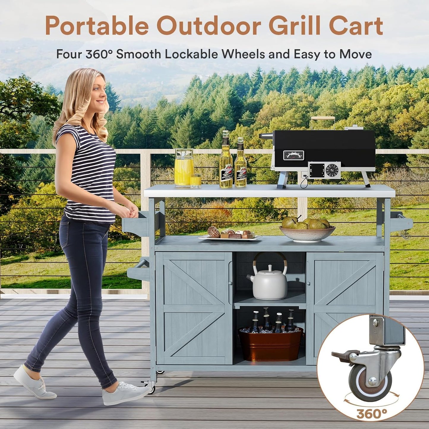 Zevemomo Outdoor Grill Cart with Storage, Stainless Steel Tabletop Outdoor Kitchen Island, Fir Wood Outdoor Buffet Cabinet with Lockable Wheels for Grilling, Gray-Blue
