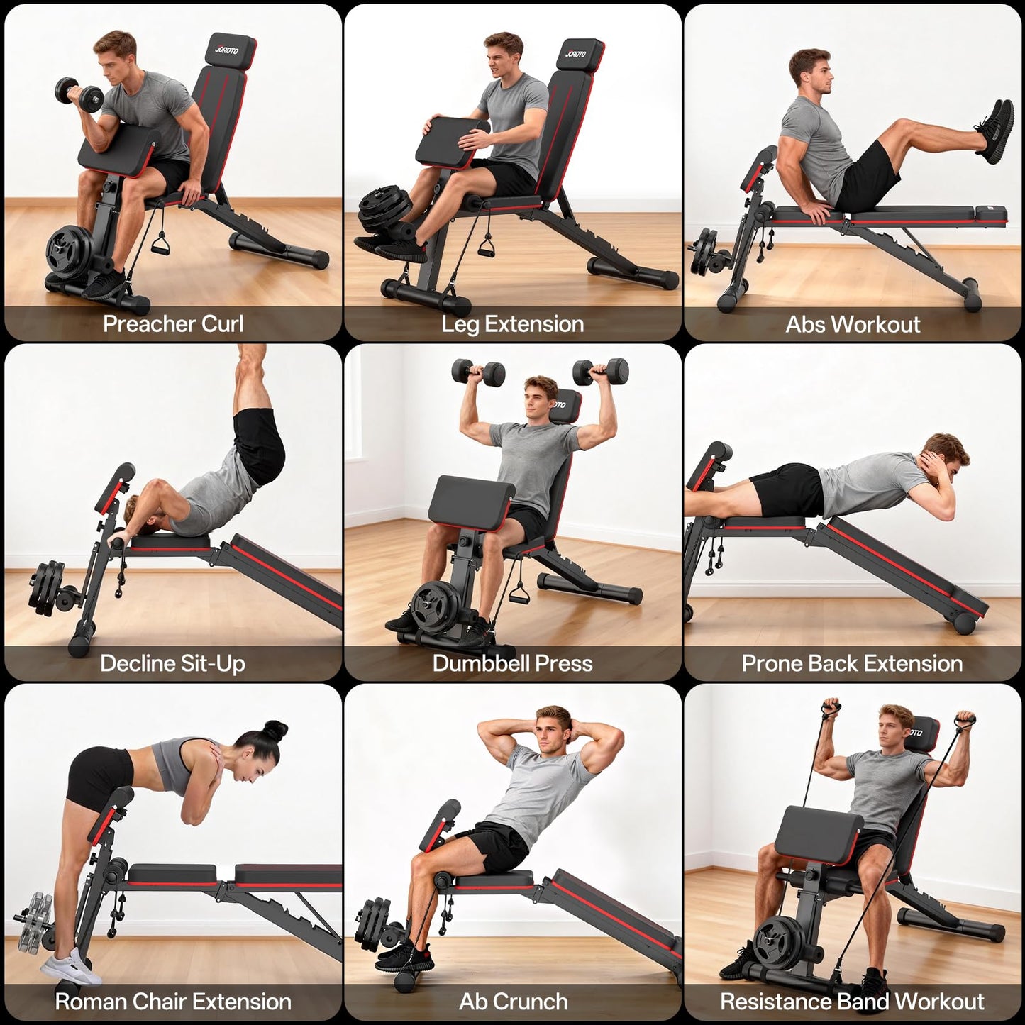 JOROTO Adjustable Weight Bench for Home Gym, 1000 LBS Foldable Incline Decline Flat Workout Bench with Leg Extension & Back Extension, Exercise Preacher Curl Bench for Full Body Training, Red MD55