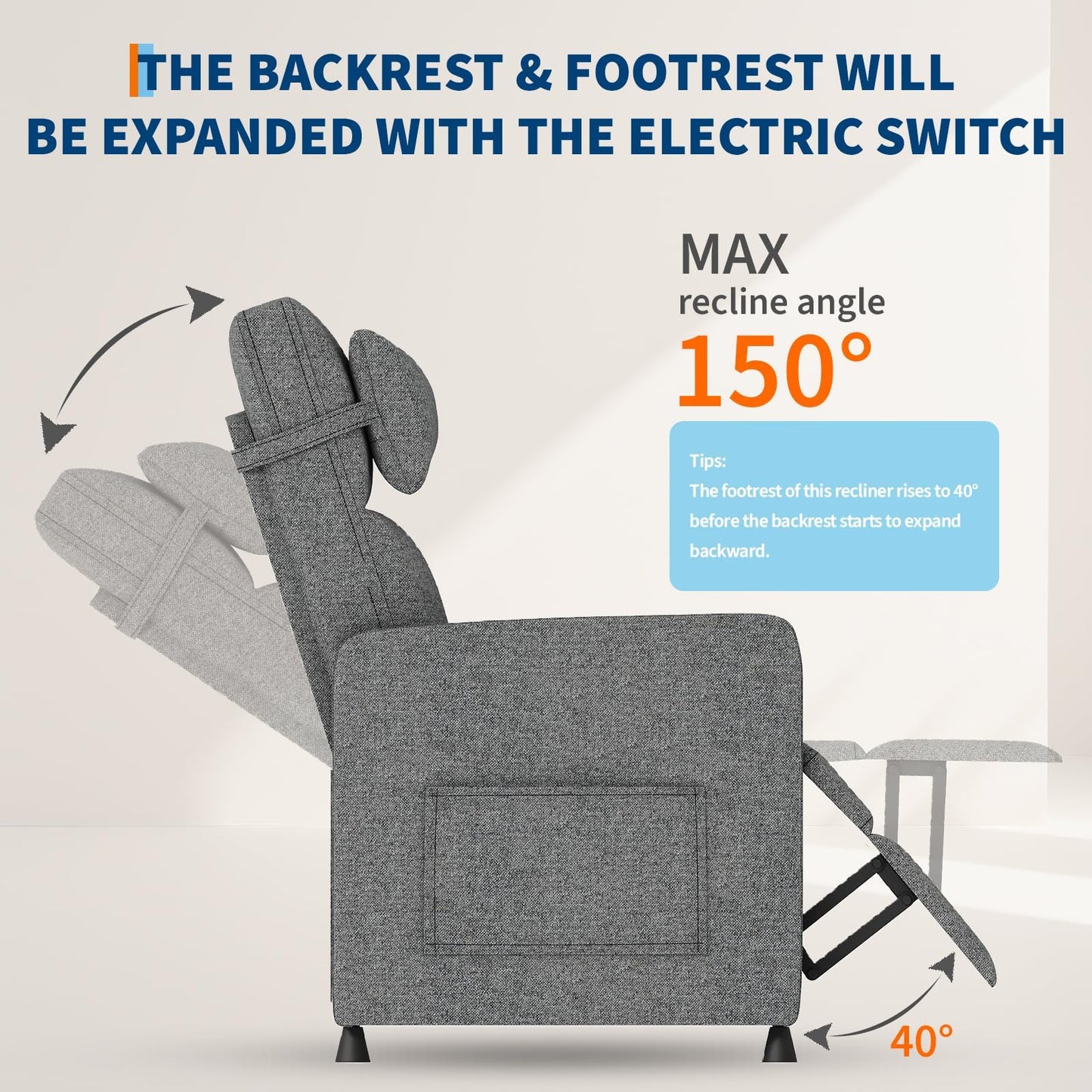 Power Recliner Chair, Adjustable Electric Reclining Chair for Adults, Overstuffed Tall Back Sofa with Padded Seat, 2 Side Pockets & USB Port, Home Theater Seating for Living Room - Gray
