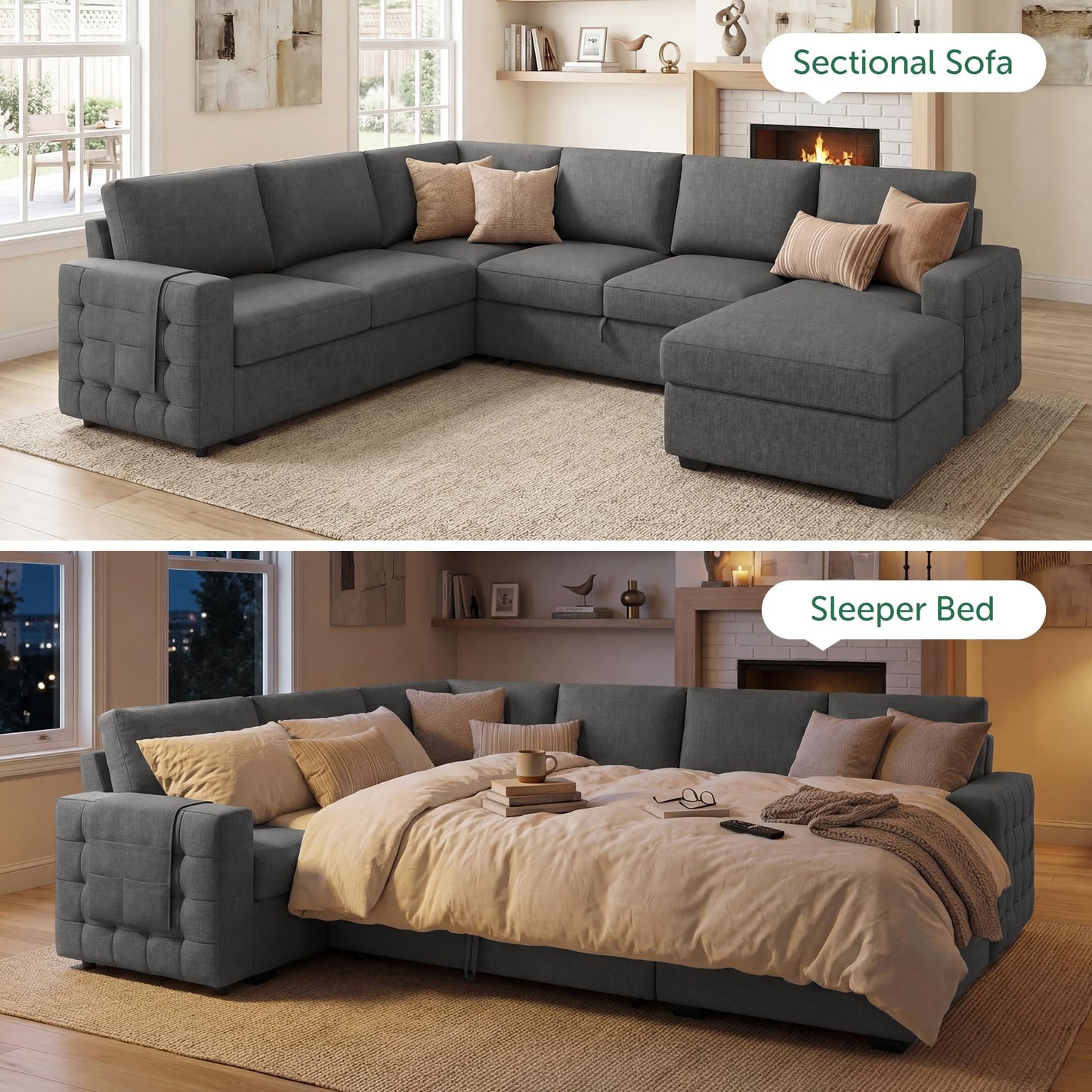 HONBAY Sectional Sleeper Sofa with Pull-Out Bed Storage Chaise, 6 Seaters Couch for Living Room, Light Grey