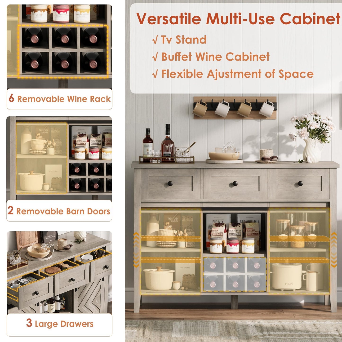 MERXENG 47 in Farmhouse Sideboard Buffet Cabinet with Wine Rack & Drawers, Wood Wine Bar Cabinet with Sliding Barn Doors, Rustic Coffee Station for Dining Room Kitchen Living Room, Grey