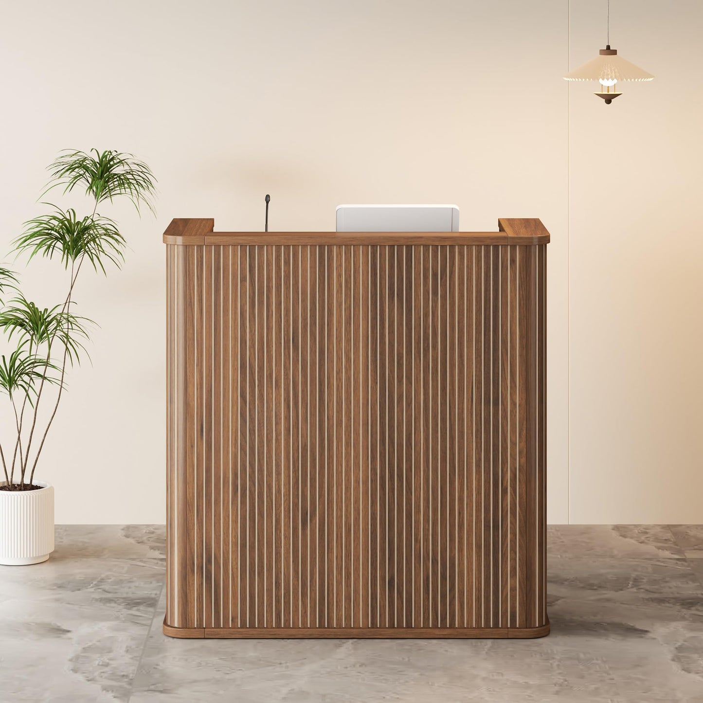 42.1 Inches Reception Desk,Fluted Round Corner Modern Reception Table,Front Counter Table,for Salons, Offices Lobbies Retail Stores and Home Offices (Walnut)