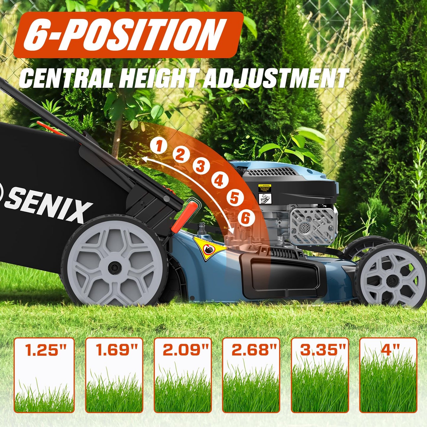 SENIX 22 Inch 3-in-1 Gas Lawn Mower, 201cc Rear Wheel Single Speed Self-Propelled Mower, 4-Cycle Engine, Steel Deck, Mulching, Bagging, Discharging, 6-Position Cutting Height Adjustable, for Yard