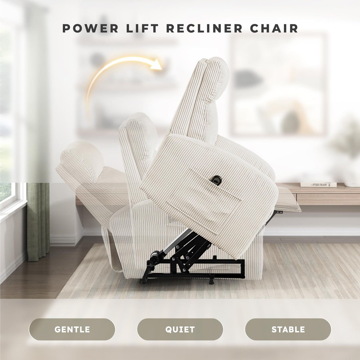 Lexicon Power Lift Recliner Chair for Elderly with Remote Control, Gentle Lift Motion, Side Pocket Armrest, Corduroy Upholstered Electric Recliner for Living Room/Bedroom, Easy Assembly, Beige