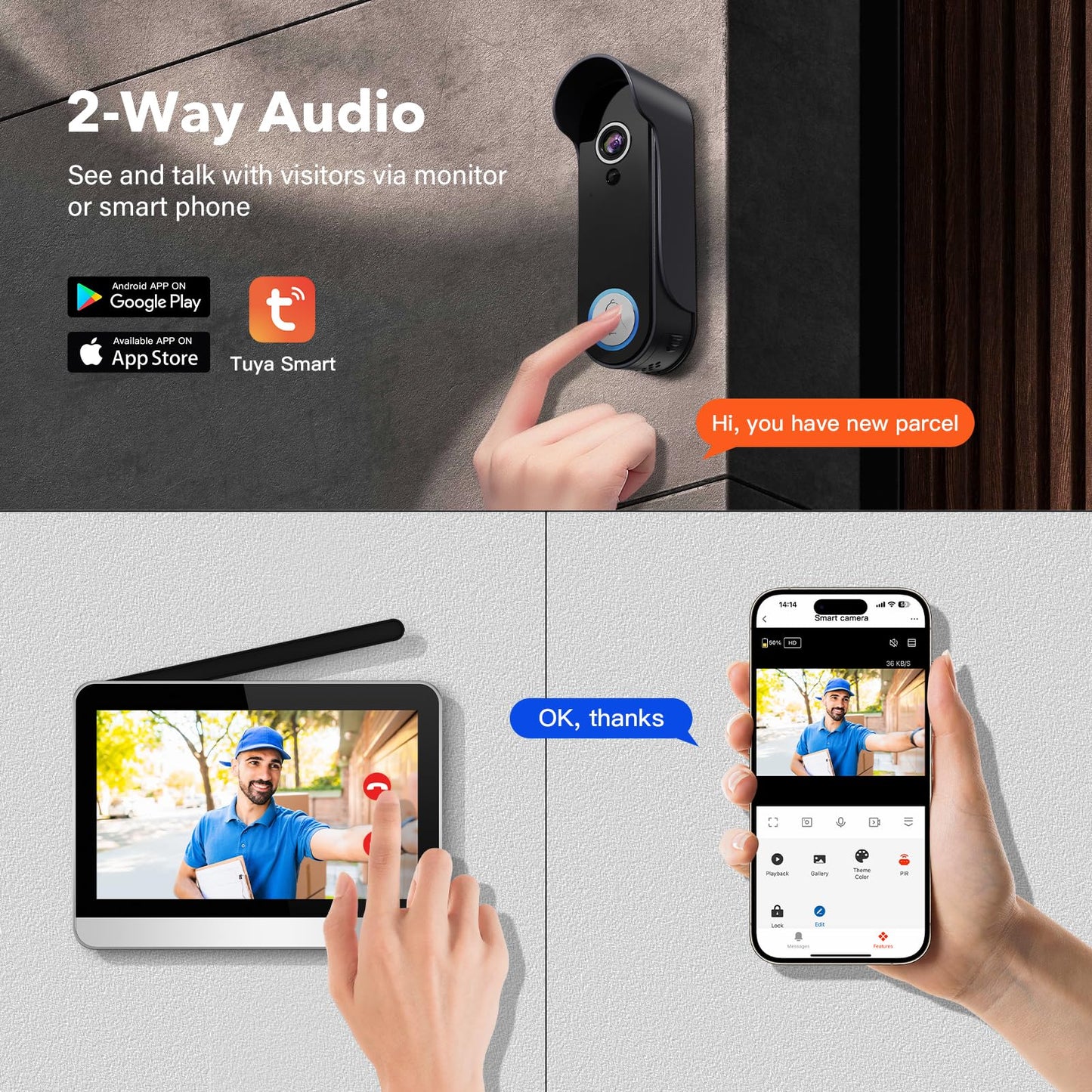 Wireless Doorbell Camera with 7" Touchscreen Monitor, 1080P Video Door Phone Intercom System WiFi, PIR Motion Detection, Local Storage, No Monthly Fee, 2-Way Audio, Night Vision, Tuya App Control