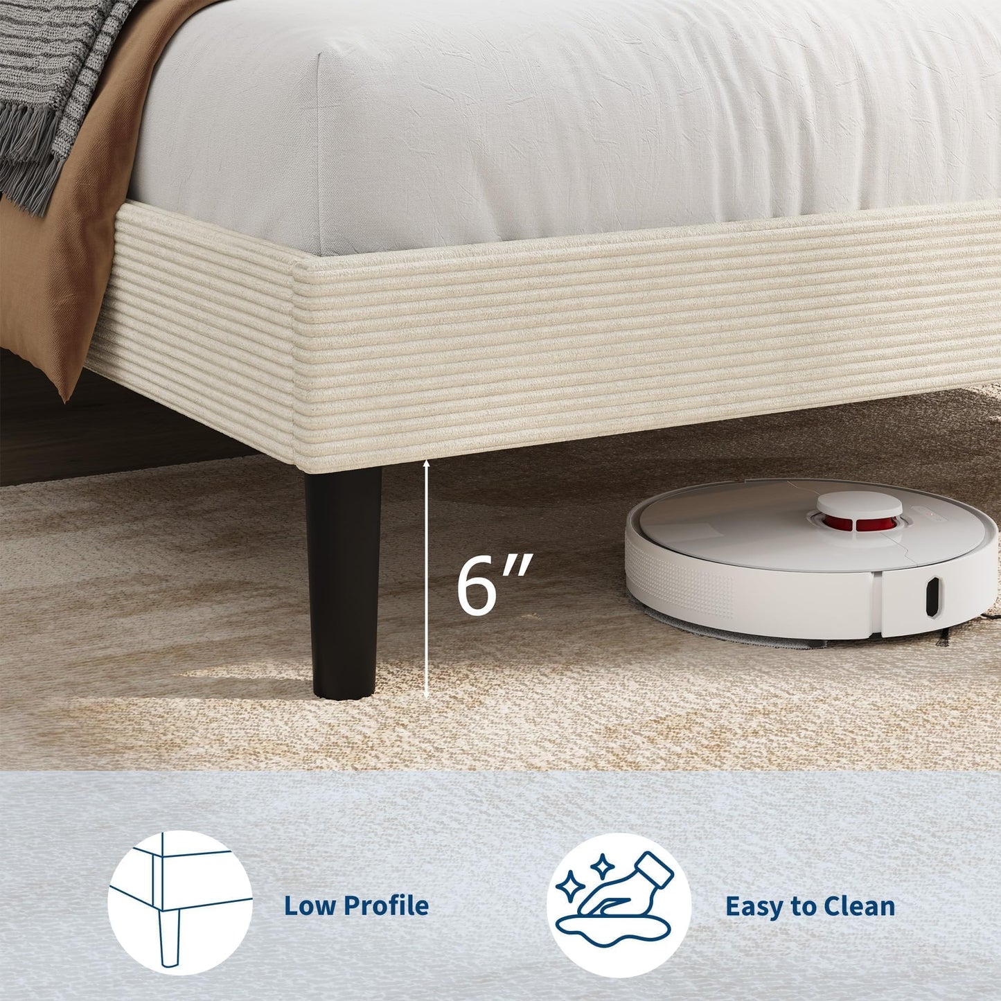 GarveeLife Corduroy Upholstered Platform Bed Frame with USB Charging Station, Adjustable Storage Headboard, Wooden Slat Support, No Box Spring Needed, Easy Assembly, Full Beige