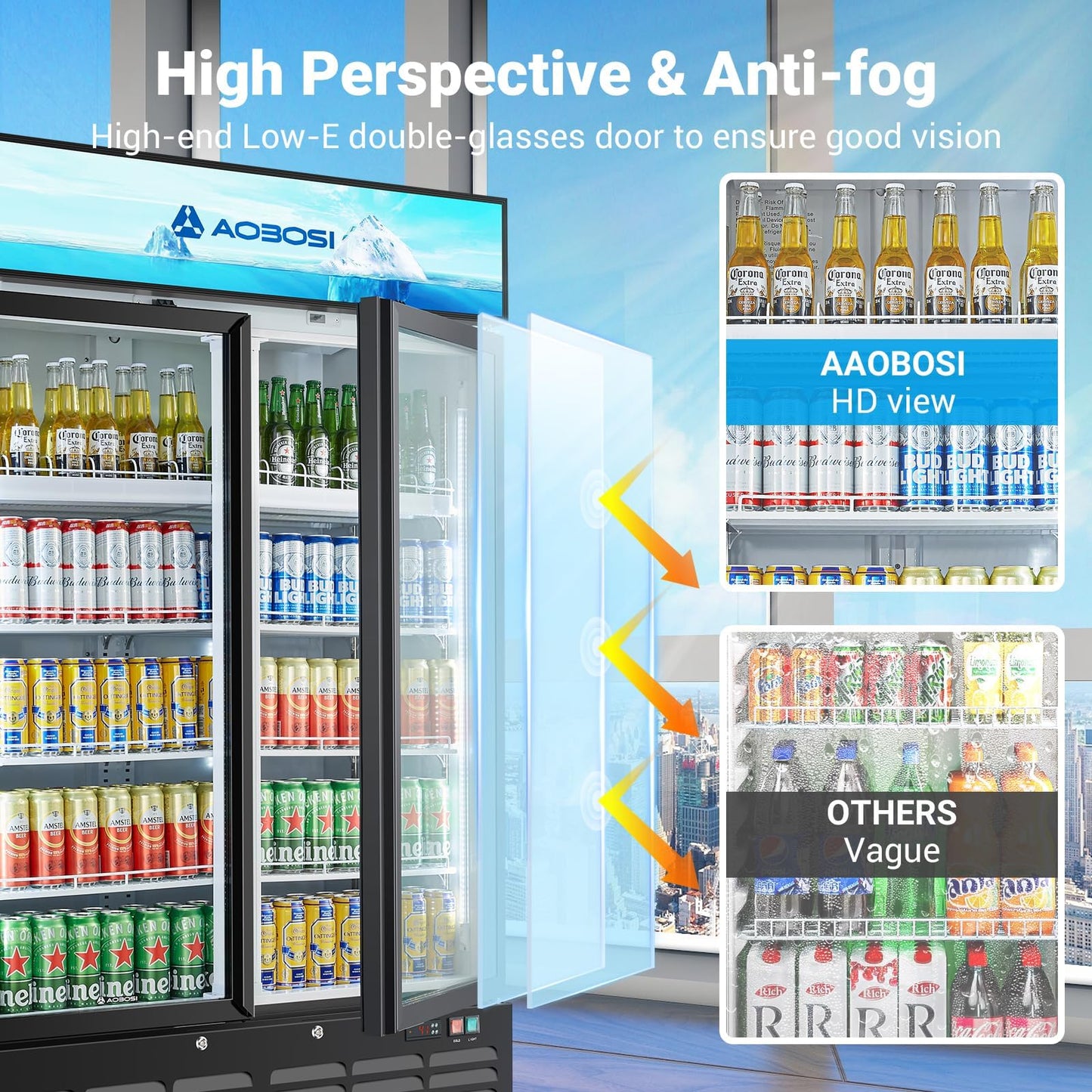 AAOBOSI 44”Commercial Merchandiser Refrigerator,27.02 Cu.Ft Glass Door Display Refrigerator,Upright Beverage Fridge with Soft LED Light,Customizable Lightbox,Universal Casters,Adjustable Shelves