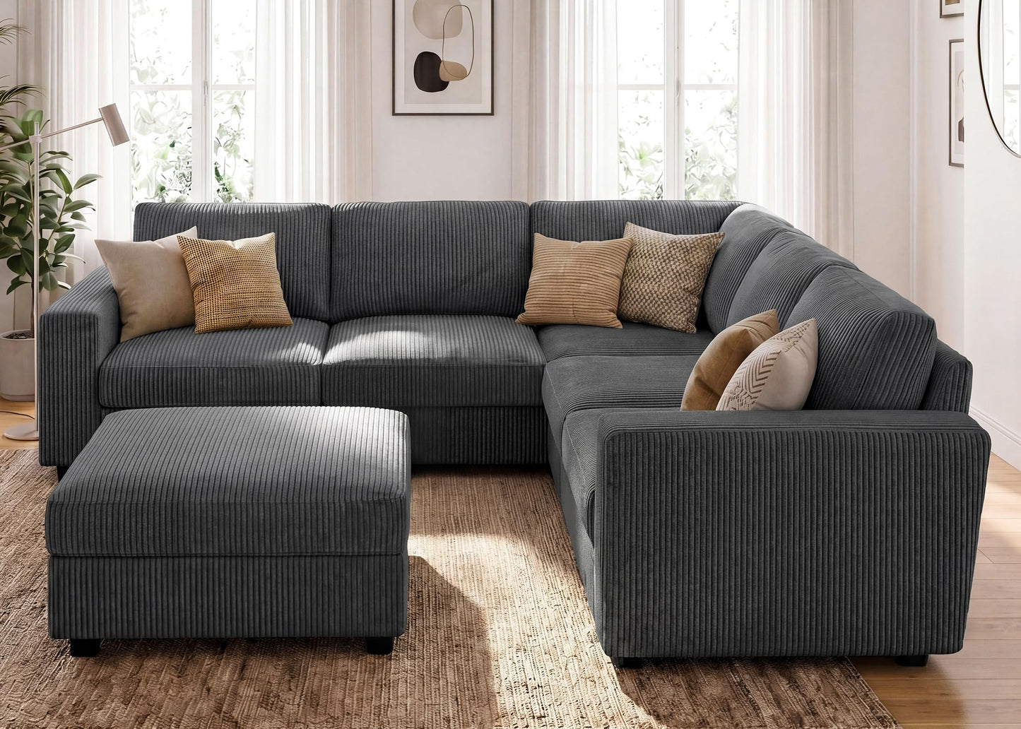 HONBAY Sectional Sofa, 6 Seater L-Shaped Sectional Couch with Storage Ottoman for Living Room, Dark Grey