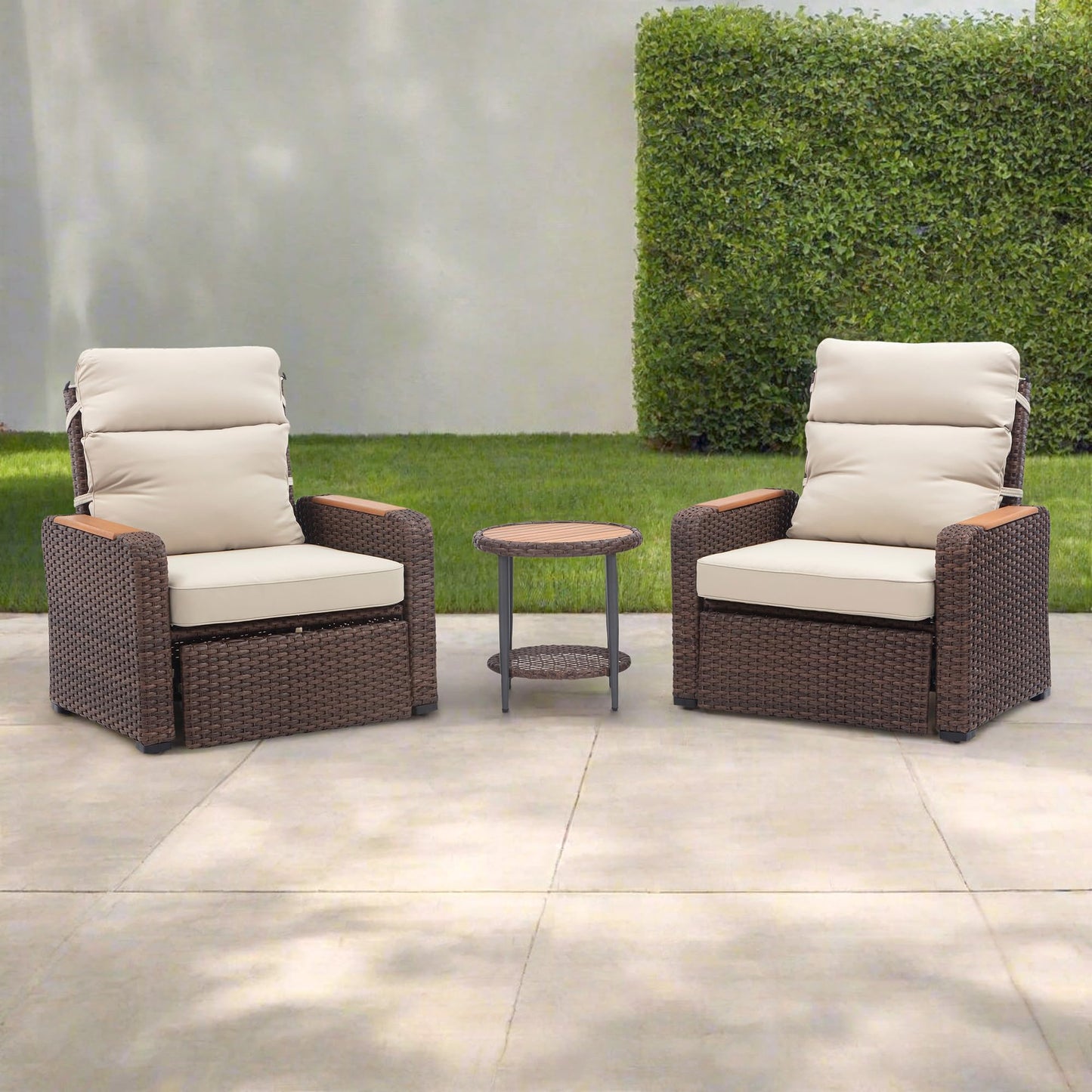 Teamson Home - Outdoor 3 Piece Wicker Recliner Set with Wood Armrests and Cushions, Brow