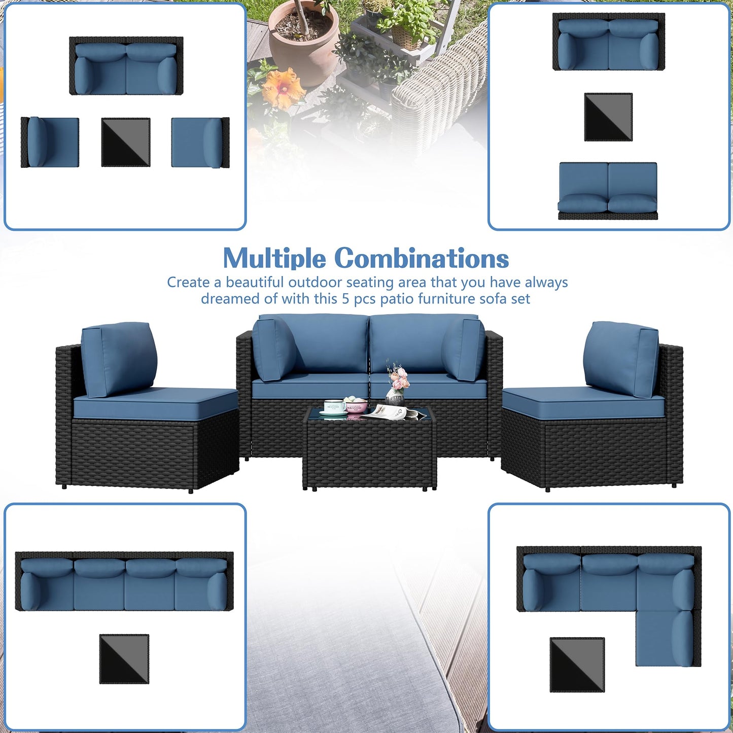 Patio Furniture Sets, 5 Piece Outdoor Sectional Sofas, Wicker Rattan Outdoor Furniture Patio Conversation Set, All-Weather PE Rattan Outdoor Couch for Backyard, Garden, Black & Aegean Blue