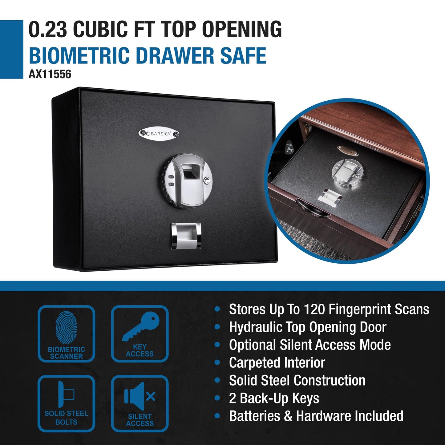 Barska AX11556 Biometric Fingerprint Top Opening Security Drawer Safe Box 0.23 Cubic Ft, Multi, One Size