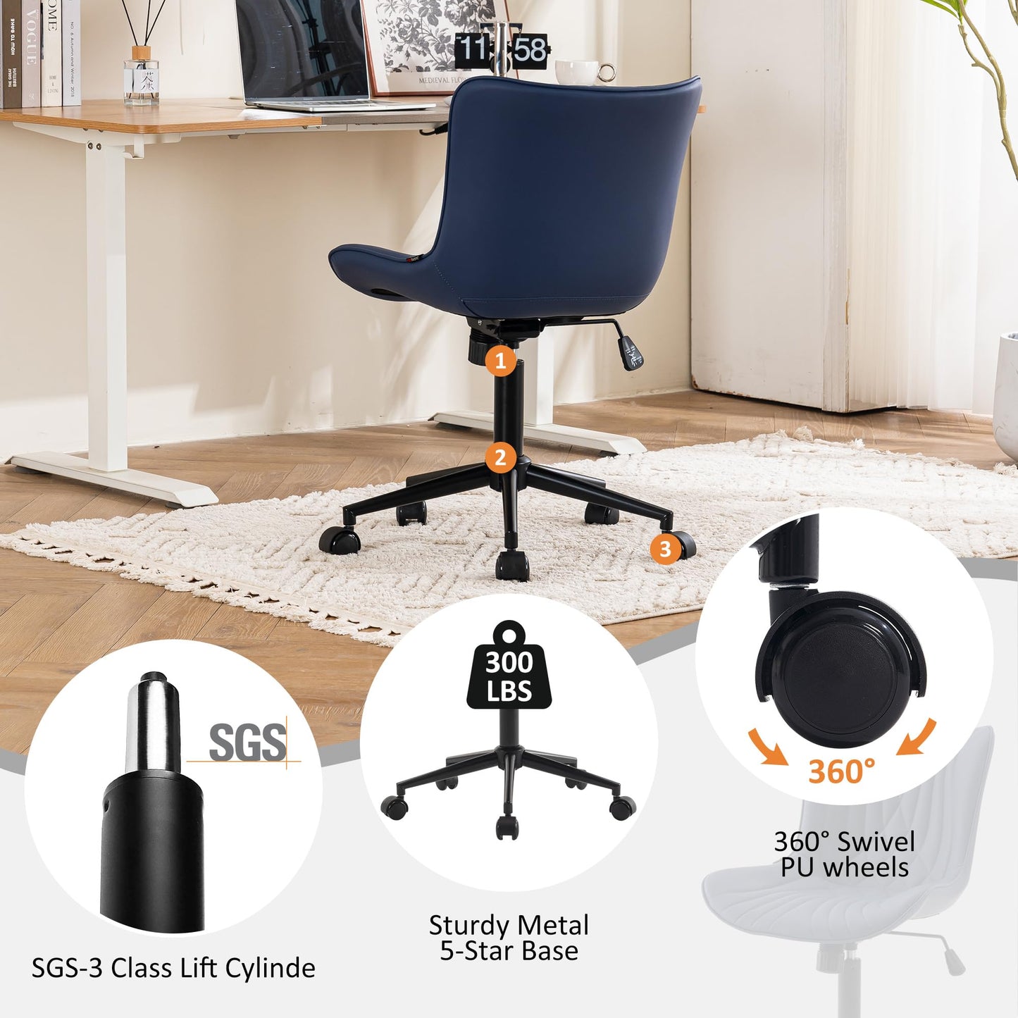 YOUTASTE Navy Blue Office Chair, Faux Leather Armless Desk Chair with Wheels, Height Adjustable, Swivel, Rocking, 300 lbs Capacity, Metal Base, for Home Office Vanity, Purple