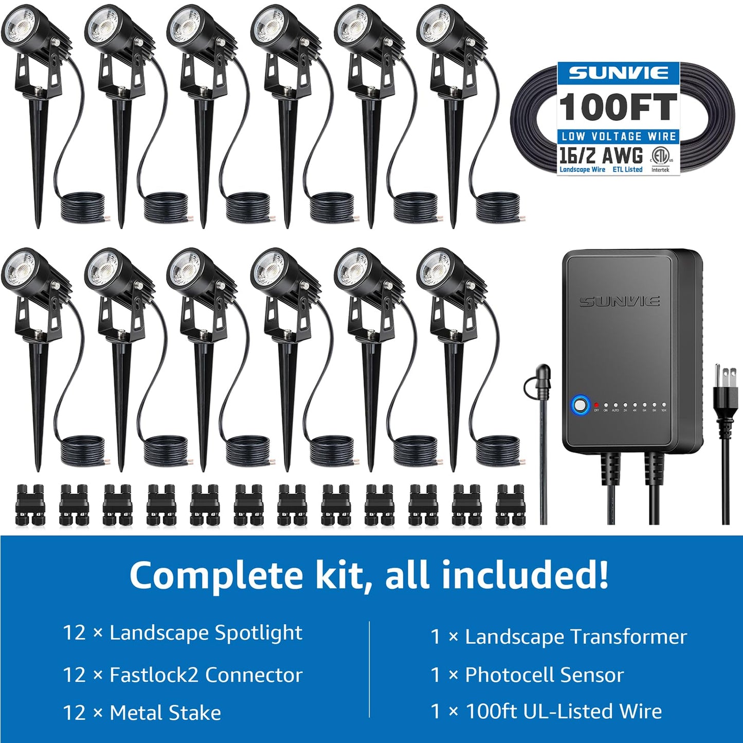 SUNVIE All-in-One LED Landscape Lighting Kit, 12-Pack, 3000K, Black, Model KTWW12SA, Includes Transformer and 100FT Wire