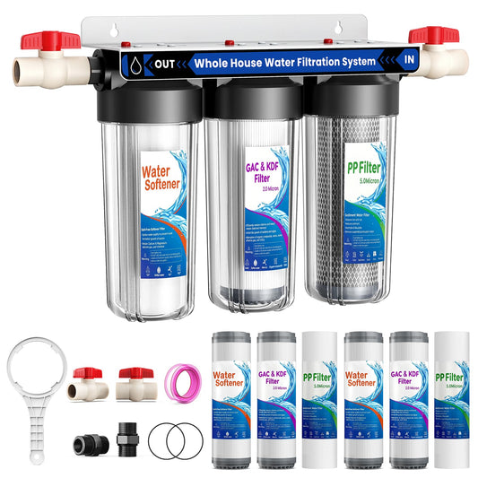 Whole House Water Filter System, 3 Stage Whole Home Water Softener System, Reduces Chlorine, Taste,Iron,Scale,Lead with Heavy Metal and Anti-Scale Filter, Includes 3 Sets Filters (2 Years use), 3/4”