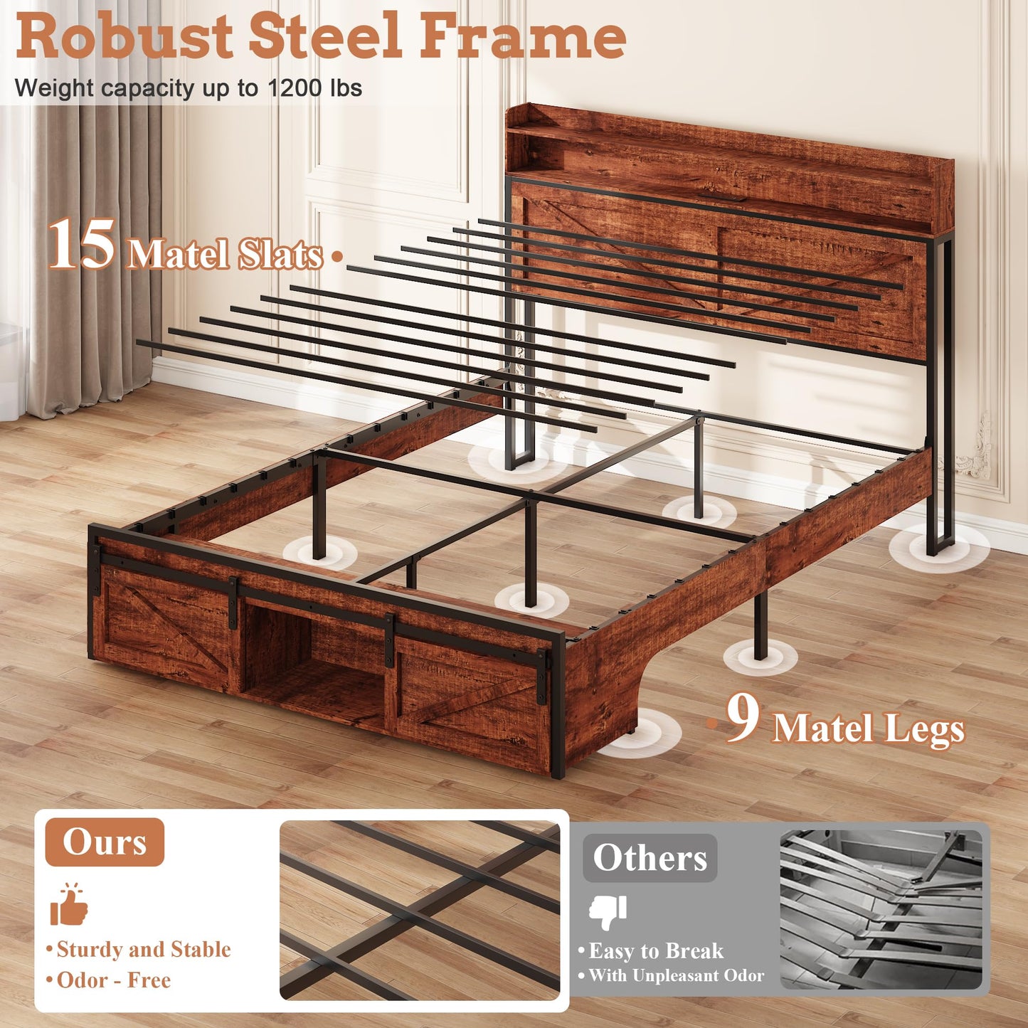 KEIKI Full Size Bed Frame with Storage Headboard, Wood Platform Bed with Charging Station & Footboard Drawers, Sturdy Metal Slats, Noise-Free, No Box Spring Needed, Brown