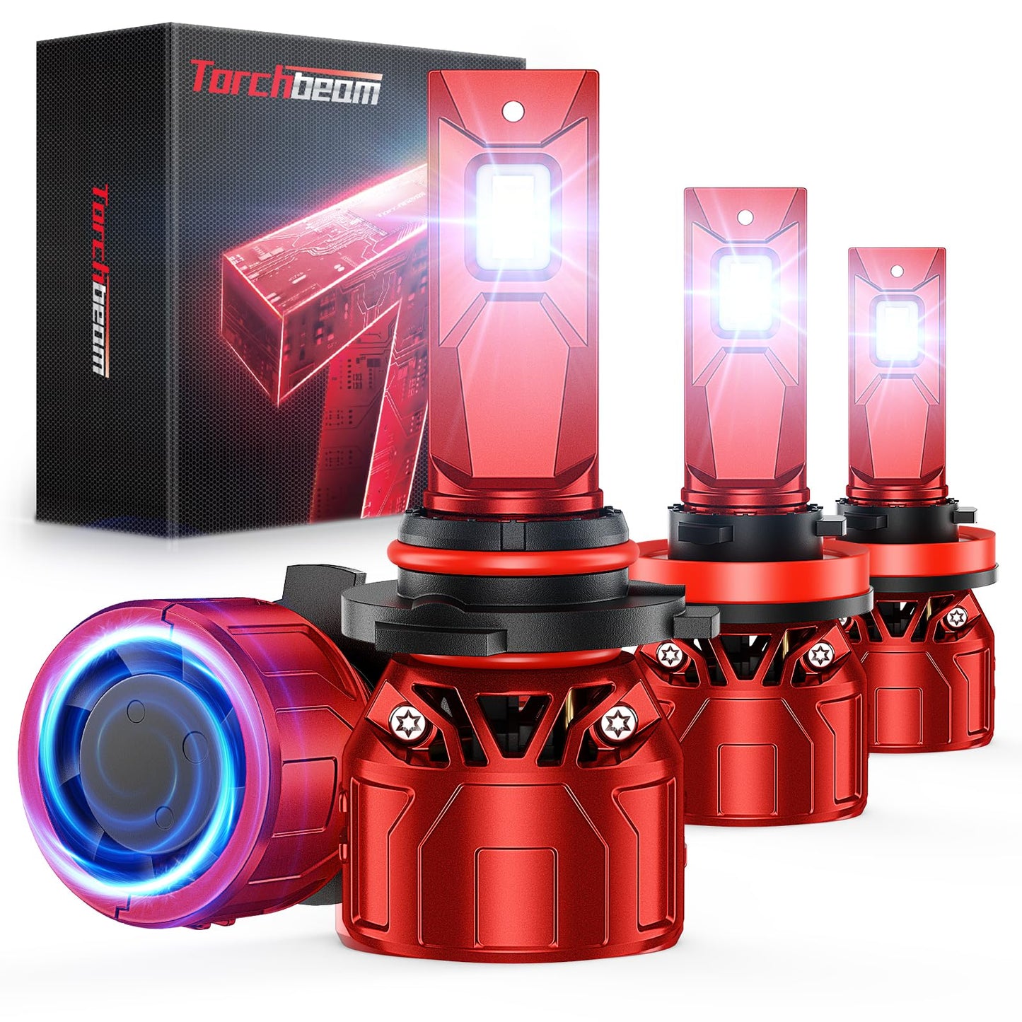 Torchbeam HB3 H11 Fog Lights, 72000LM, 6500K White, 360? Adjustable, 9005+H11, Red, Pack of 4
