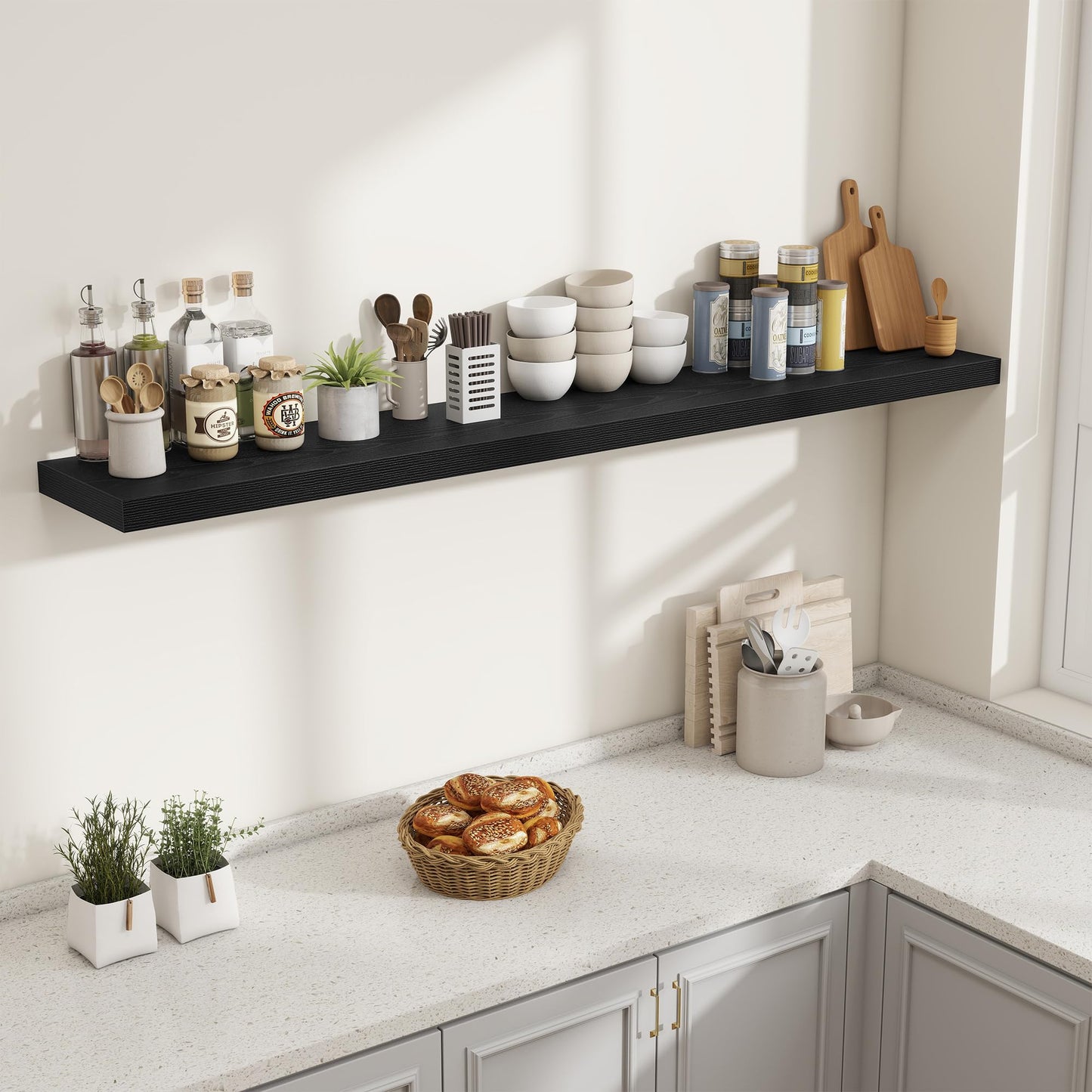 Fun Memories 72 Inch Fireplace Mantel Shelf, 10 Inch Deep Shelves for Display & Wall Storage, Rustic Wood Wall Shelf, Extra Long Floating Shelves for Living Room Laundry Room, Black, Set of 2