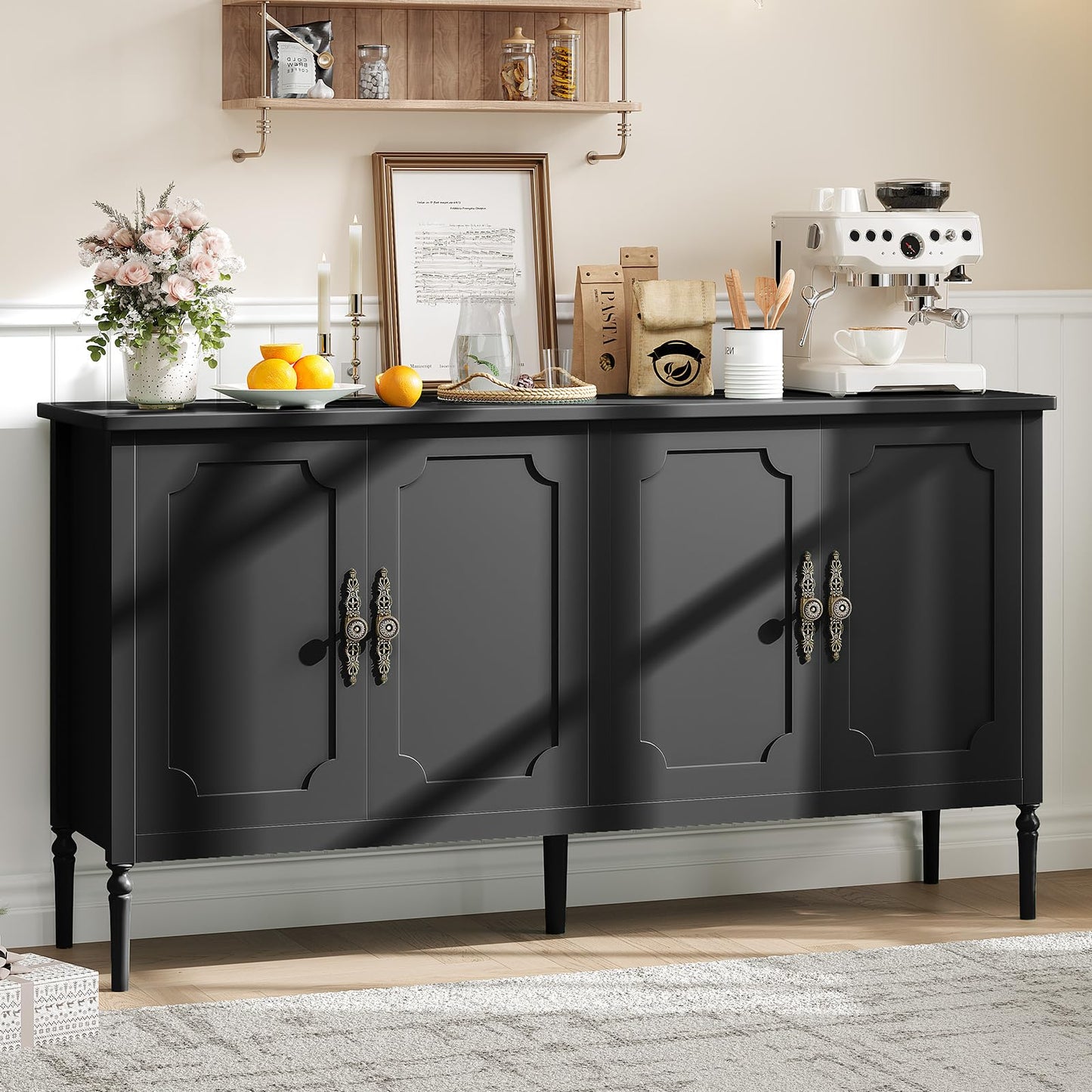 MilleLoom 59" W Buffet Cabinet with Storage, Kitchen Storage Cabinet Wood Console Table Coffee Bar Accent Cabinets for Living Room Dining Room Entryway, Black