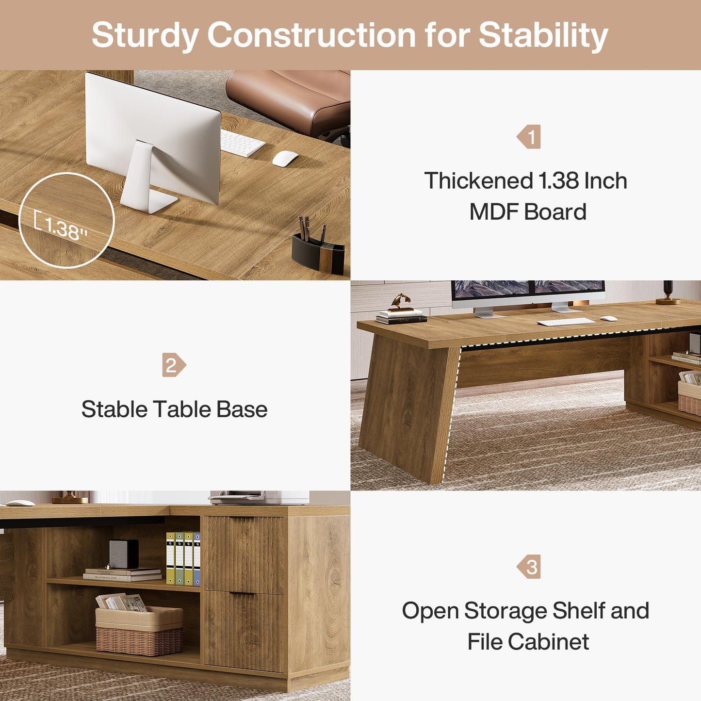 Tribesigns 78" L Shaped Desk with Drawers, Large Executive Office Desk with File Cabinet and Shelves, Modern Corner Computer Table Business Furniture for Home Office, Brown