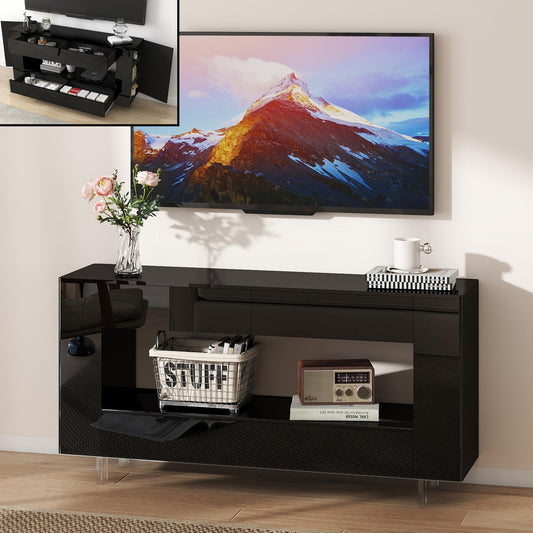 65" TV Stand with 2 Drawers & Hidden Storage Cabinets, High Gloss Black