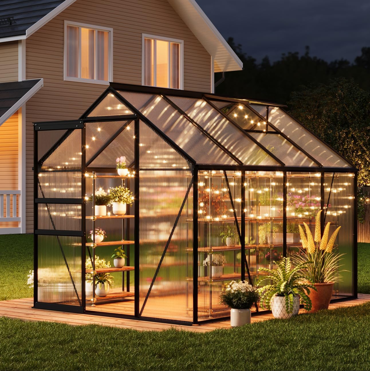 GarveeHome 6x8FT Greenhouse, Large Walk-in Polycarbonate Greenhouse with Adjustable Vent Window, Sliding Door, Portable Green House Kit for Outdoors, Winter