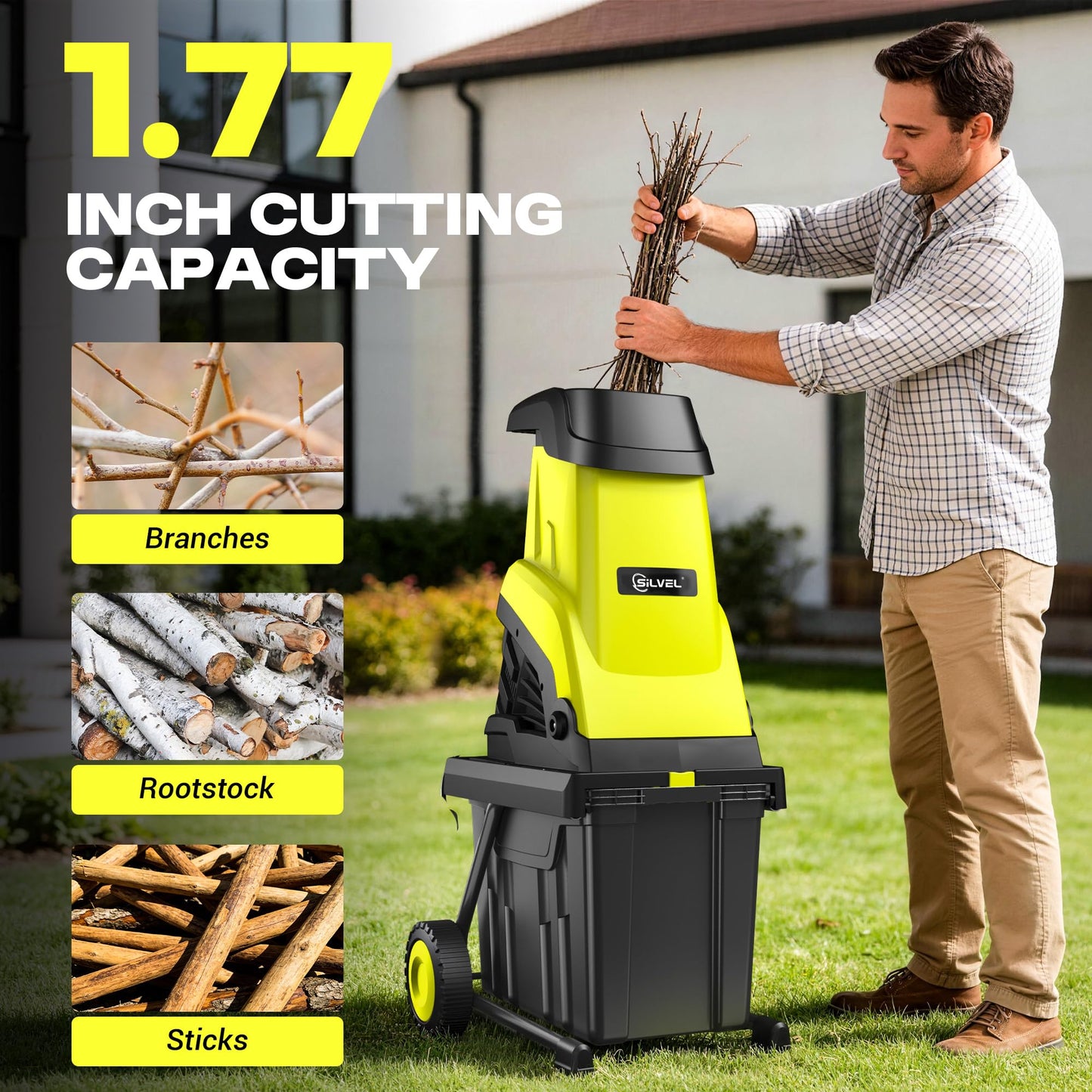 SILVEL Wood Chipper Shredder, 1800W Cutting Diameter of 1.77 inch with 10 Gallon Large Collection Bin, 15-Amp Electric Wood Chipper Shredder for Fast Cleanup, Ideal for Branches, Garden Cleaning,Green