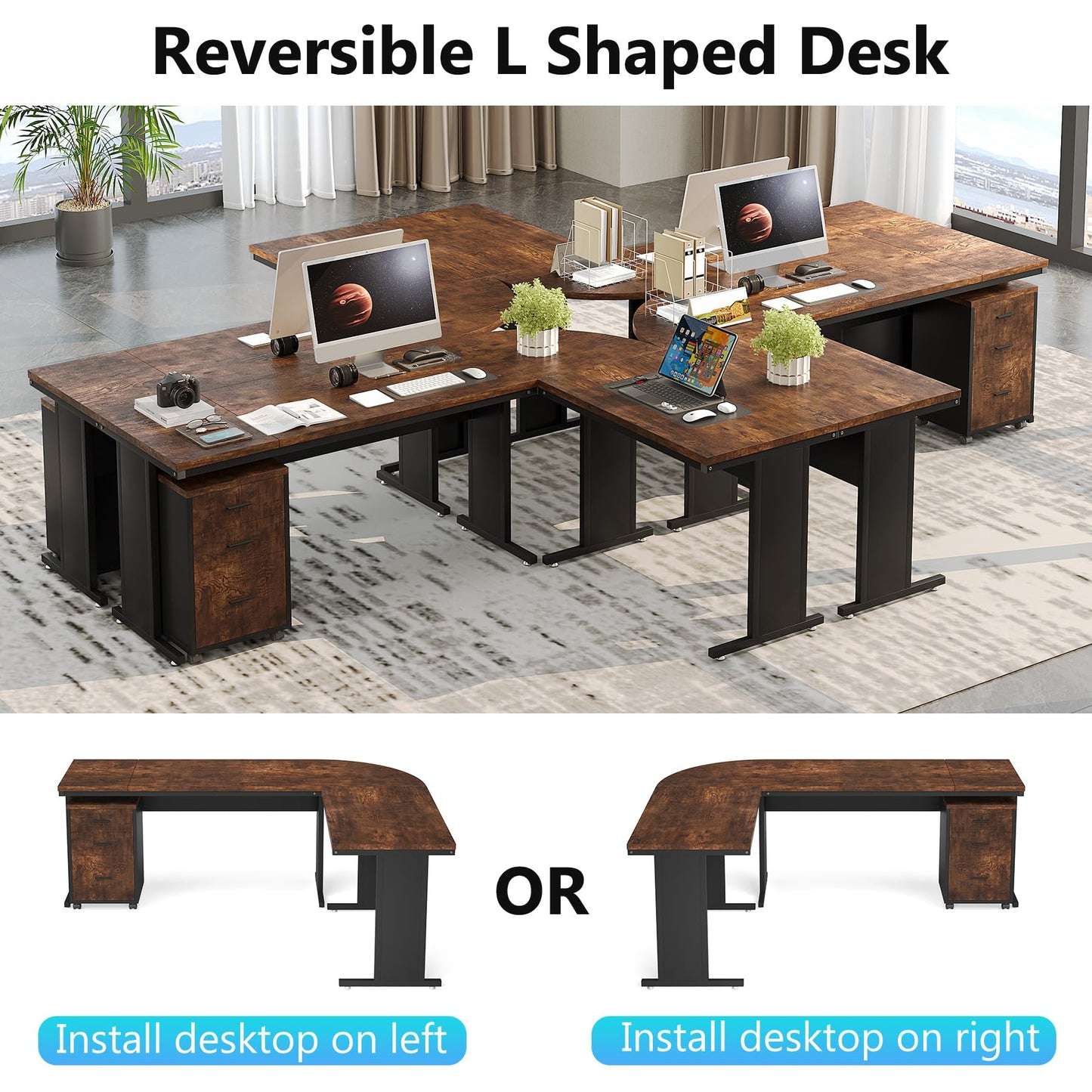 Tribesigns 83" L-Shaped Executive Desk, Large Office Desk with Drawers, Industrial Corner Computer Table with Rolling File Cabinet, Business Workstation for Home Office (Brown, 83 Inches)
