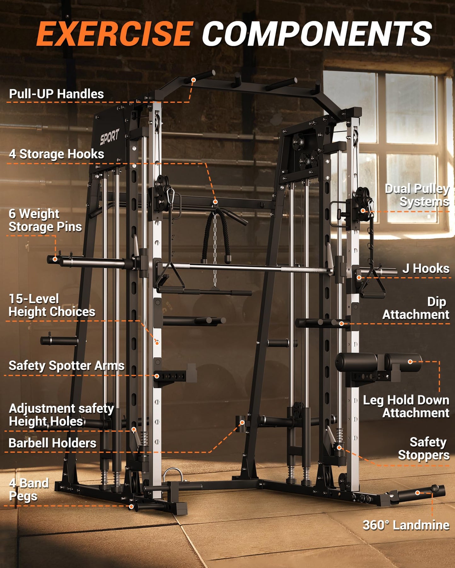 Multifunctional Smith Machine Home Gym 2200LBS Squat Rack Power Cage with LAT Pulldown, Cable Crossover System, Smith Bar, Leg Attachments, Workout Equipment