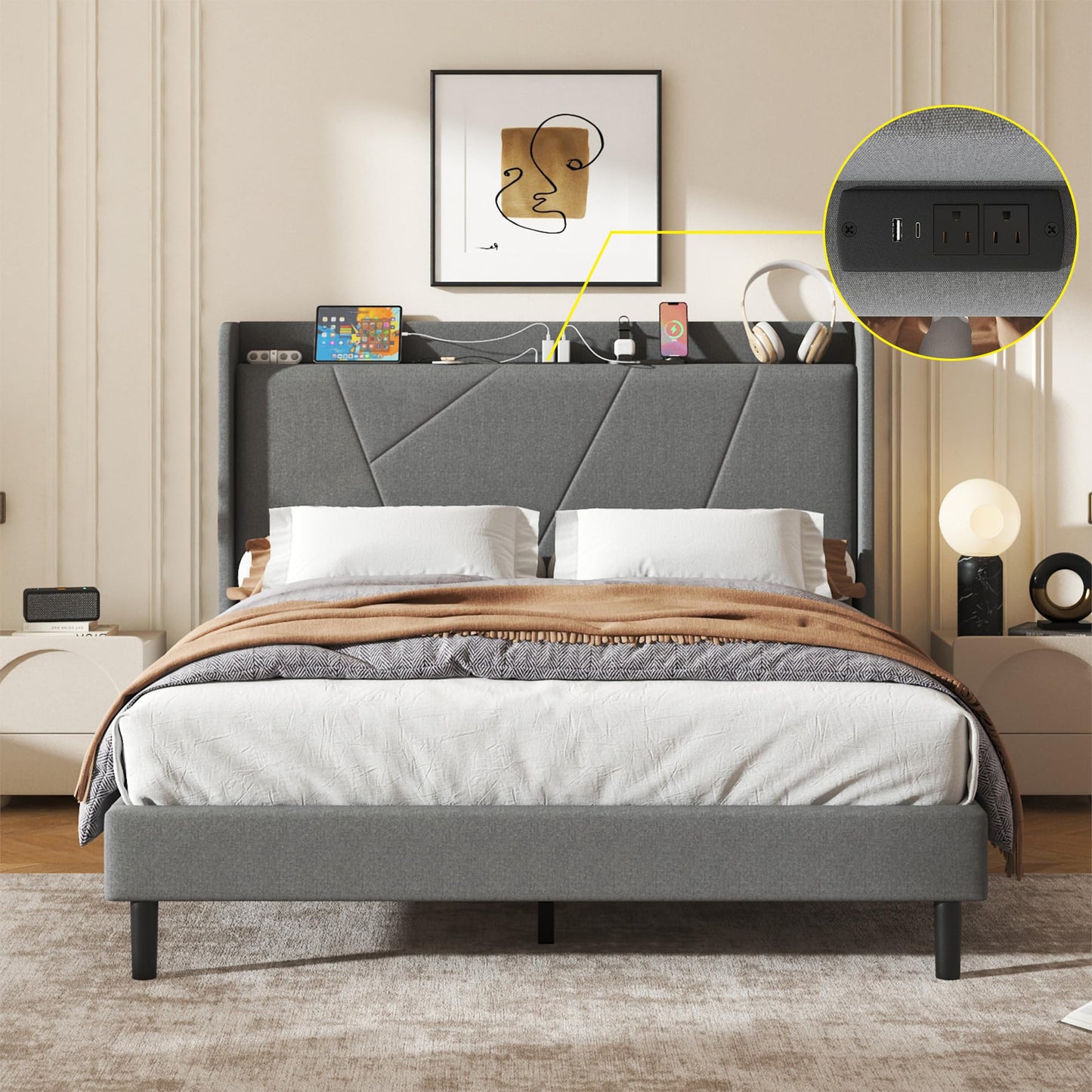 Queen Size Linen Bed Frame, Storage Headboard with Charging Station, Upholstered Platform Bed with Wooden Slats Support, Solid and Stable, Noise Free, No Box Spring Needed, Easy Assembly, Gray