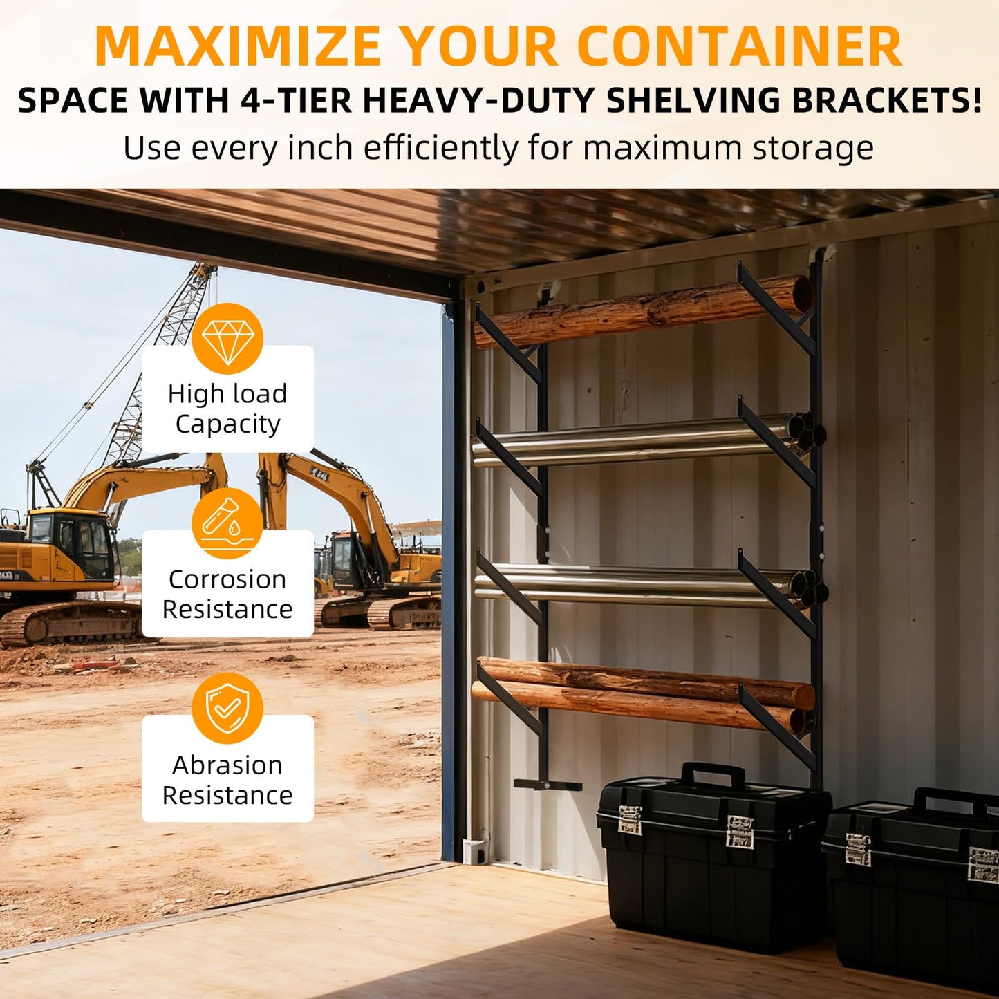 4 Pack Shipping Container Shelving Brackets, 67"H x 15"W Bracket Adjustable Heavy Duty Steel Cargo Shipping Container Shelves, 4-Tier Power Coated Shipping Container for Organization, Black
