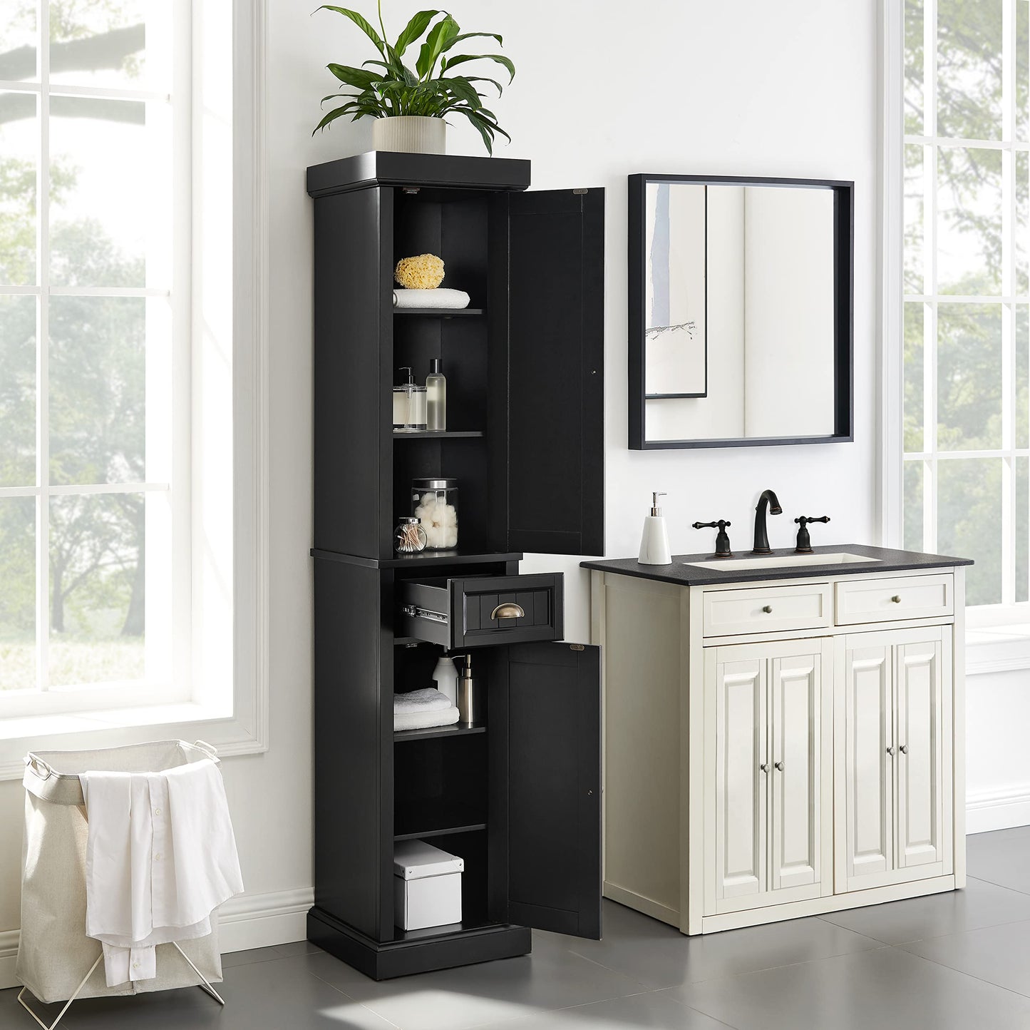 Crosley Furniture Seaside Tall Linen Storage Cabinet and Bathroom Organizer with a Drawer and Shelves, Distressed Black