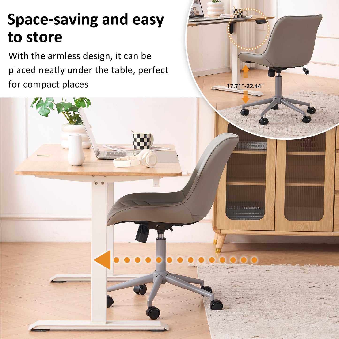 YOUNIKE Grey Faux Leather Ergonomic Office Chair Armless Comfy Desk Chair with Rocking Back Cute Swivel Vanity Chair with Wheels Height Adjustable Small Computer Task Chair for Sewing Drafting