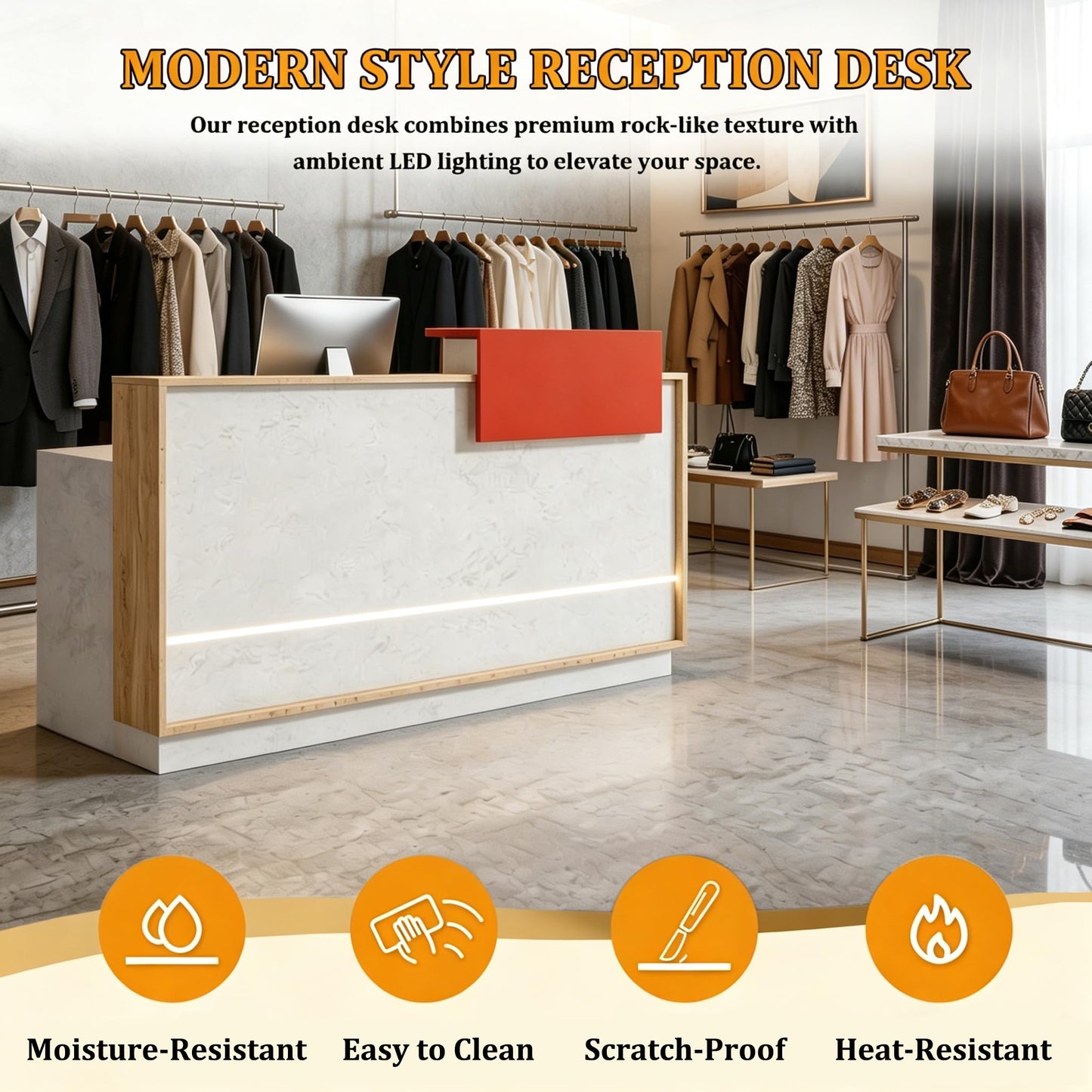 Modern Reception Desk with Counter & LED Lighting, Small Front Desk with Locking Drawer, Keyboard Tray & Cable Grommets, White Stone & Wood for Salon, Boutique, Retail Store & Office (55 in, Left)