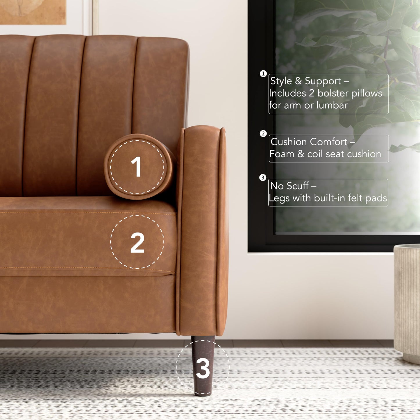 Bush Home 54-inch Loveseat, Living Room Furniture, Max Collection, Buffed Camel Vegan Leather
