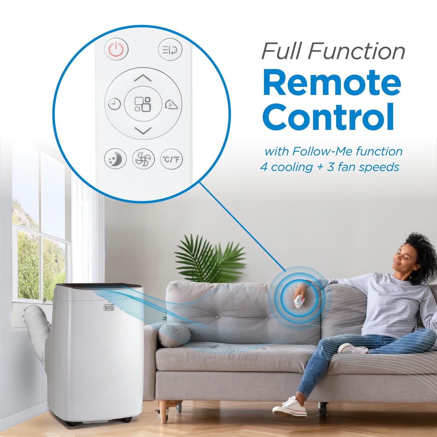 BLACK+DECKER Portable Air Conditioner, 8,000 BTU (3,950 BTU SACC) for Rooms up to 400 Sq. Ft., Portable AC with Follow Me Remote Control and Window Kit, BPACT08WT, White