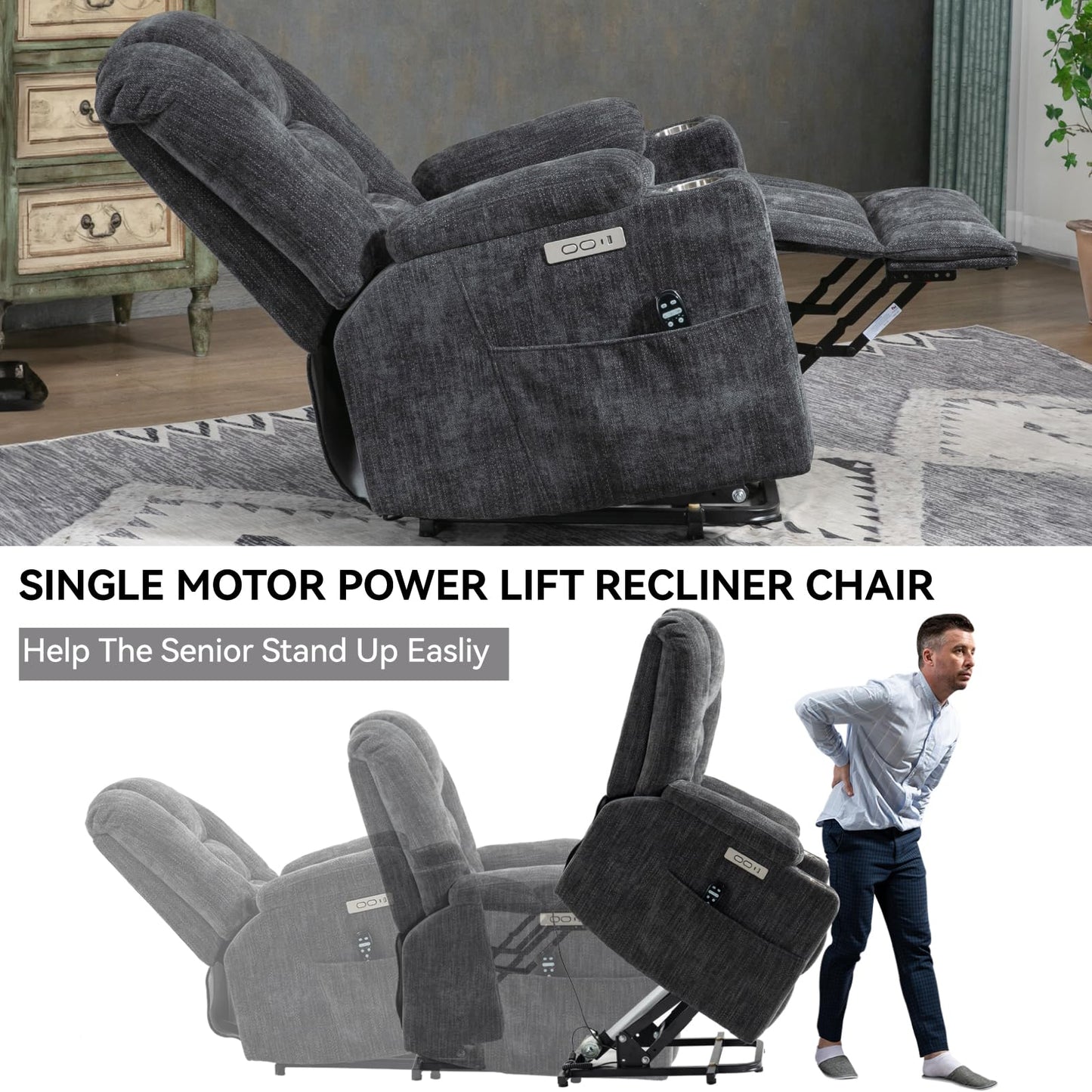 KEIKI Oversized Power Lift Recliner Chair with Heat & Massage, Reding Rocking Chair for Elderly, High Seat Comfy Chenille Recliner with Side Pockets, USB Port, Cup Holders & Lumbar Support, Grey