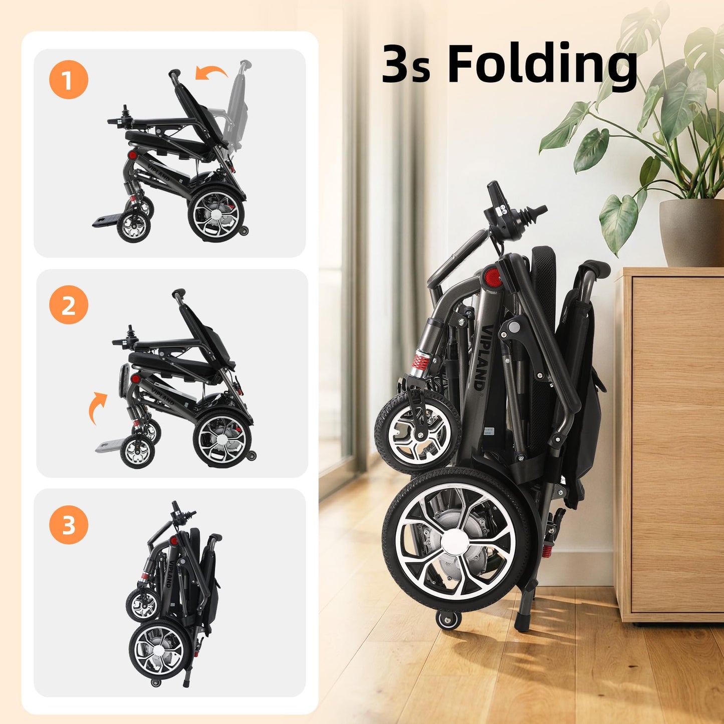 VIPLAND Electric Wheelchair for Adults, Lightweight Foldable Power Wheelchair, 15 Miles Long Travel Range, Dual Motors 400W, 300lbs Capacity, Removable Battery, All Terrain, Airline Approved 36lb