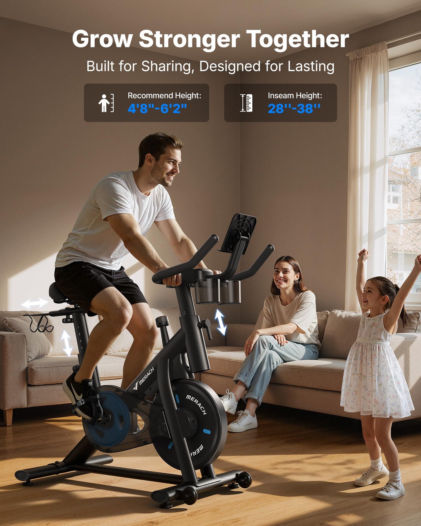 Merach Exercise Bike, Brake Pad/Magnetic Stationary Bike with Exclusive App, Low Noise Indoor Cycling Bike with 270LBS Weight Capacity, Dumbbell Rack and Fitness Courses for Weight Loss