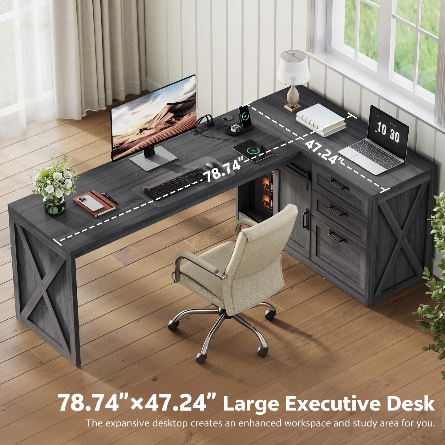 Homiflex 78.7" L Shaped Executive Desk with Drawers and File Cabinet, Farmhouse Large Office Desk with Power Outlets & Sliding Door Storage, Corner Computer Desk for Home Office Gaming, Dark Grey