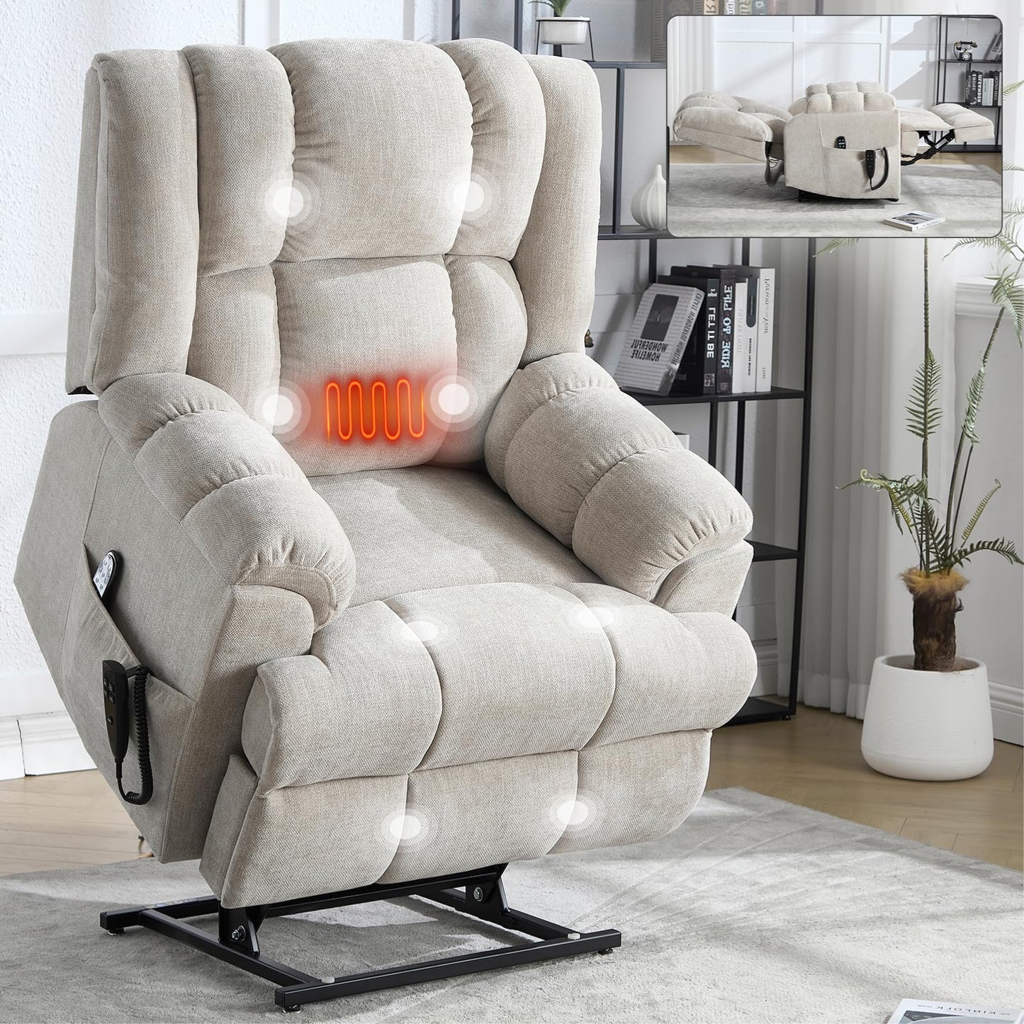 KEIKI Oversized Dual Motor Power Lift Recliner Chair for Elderly, Chenille Upholstery Breathable Rocking Chair with Back Massager and Heated, Living Room Lounge and Family Comfort, Beige