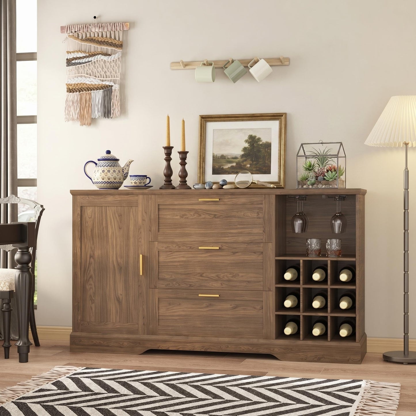 63 Inch Farmhouse Sideboard Buffet Cabinet with 3 Drawers & Wine Rack, Kitchen Coffee Bar with Adjustable Shelves & Door, Versatile Storage Console for Kitchen, Entryway & Dining Room Rustic Walnut