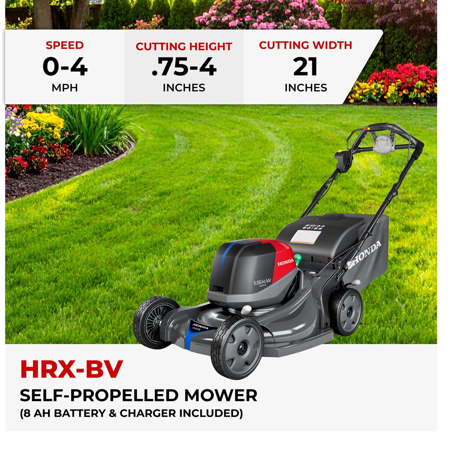 Honda HRX-BV 21-Inch Walk Behind Battery Powered Lawn Mower, Variable Speed Self Propelled Lawn Mower with 2.2 Bushel Capacity, Easy-Off Grass Bag, Clean Cuts in Thick and Tall Grass (HRX217YXBVKA4)