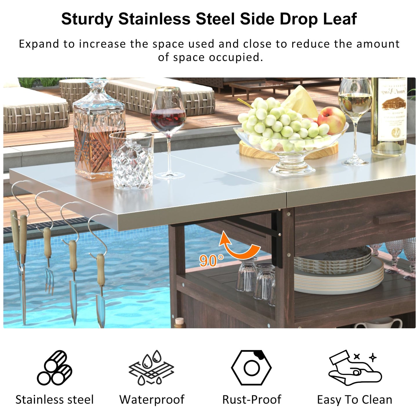 Trygoal Outdoor Grill Cart with Stainless Steel Top, 40.5”Solid Wood BBQ Prep Table for Pizza Oven, Mobile Outdoor Kitchen Island with Drop Leaf, Storage Cabinet, Towel Rack & Spice Holder for Patio