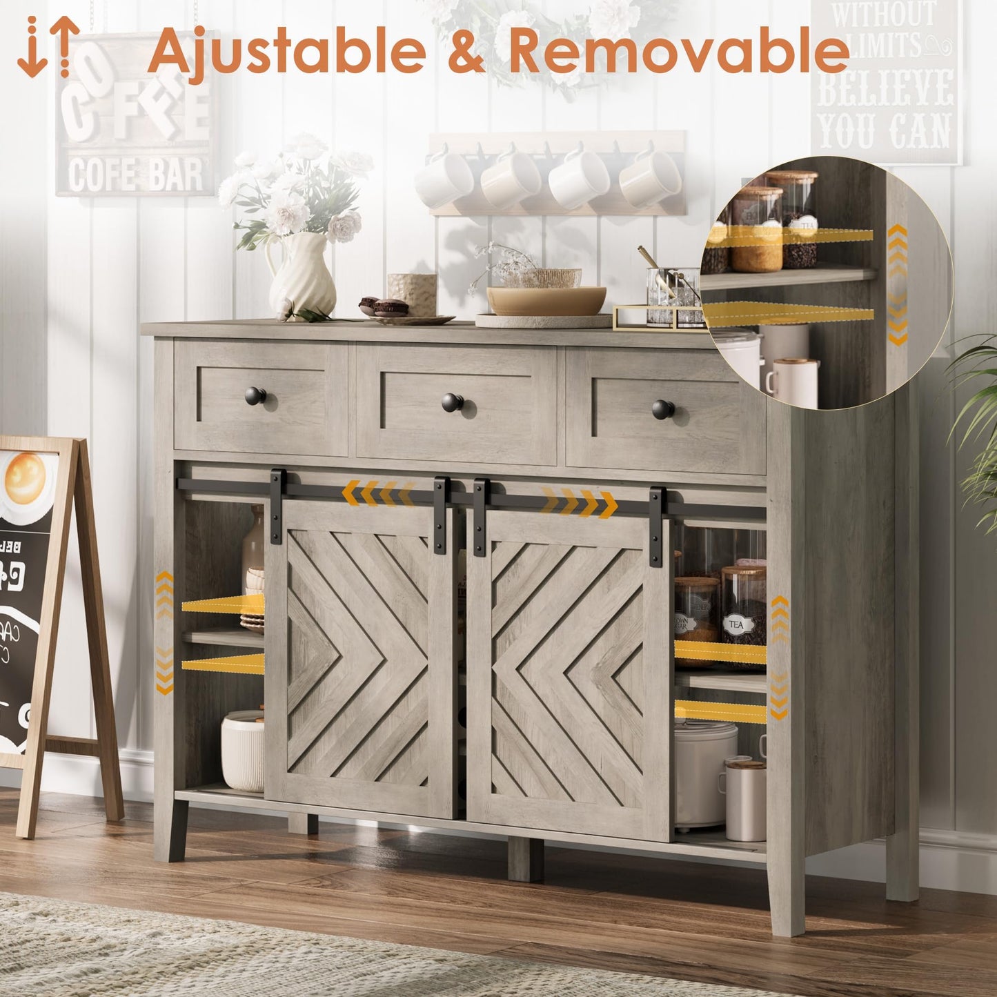 MERXENG 47 in Farmhouse Sideboard Buffet Cabinet with Wine Rack & Drawers, Wood Wine Bar Cabinet with Sliding Barn Doors, Rustic Coffee Station for Dining Room Kitchen Living Room, Grey