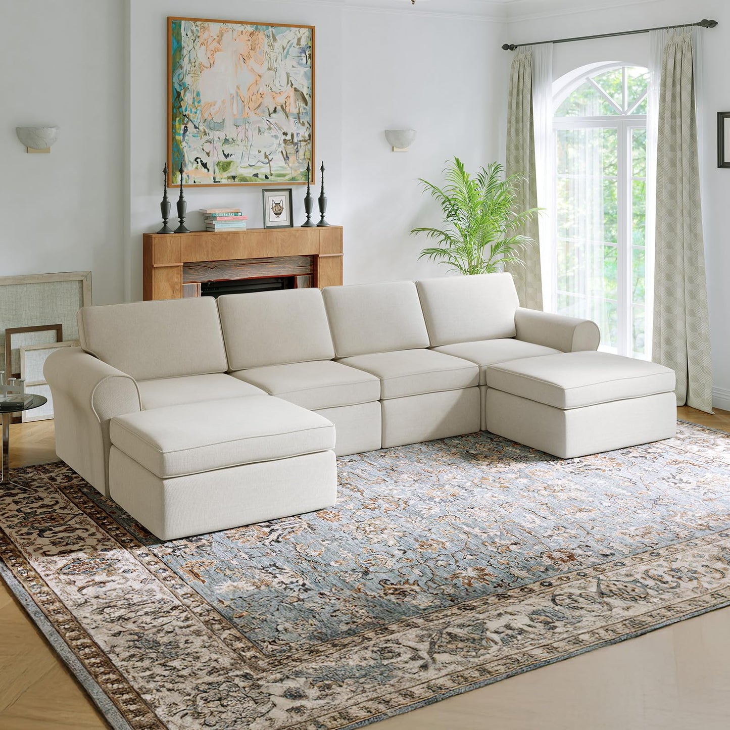 Novilla 138" Modular Sectional Sofa, Modular Sectional Couches for Living Room, Chenille Removable Cover Boneless Couch with Smarts Coil® Support U-Shaped Couch(Beige, 4 Seater + 2 Ottoman)